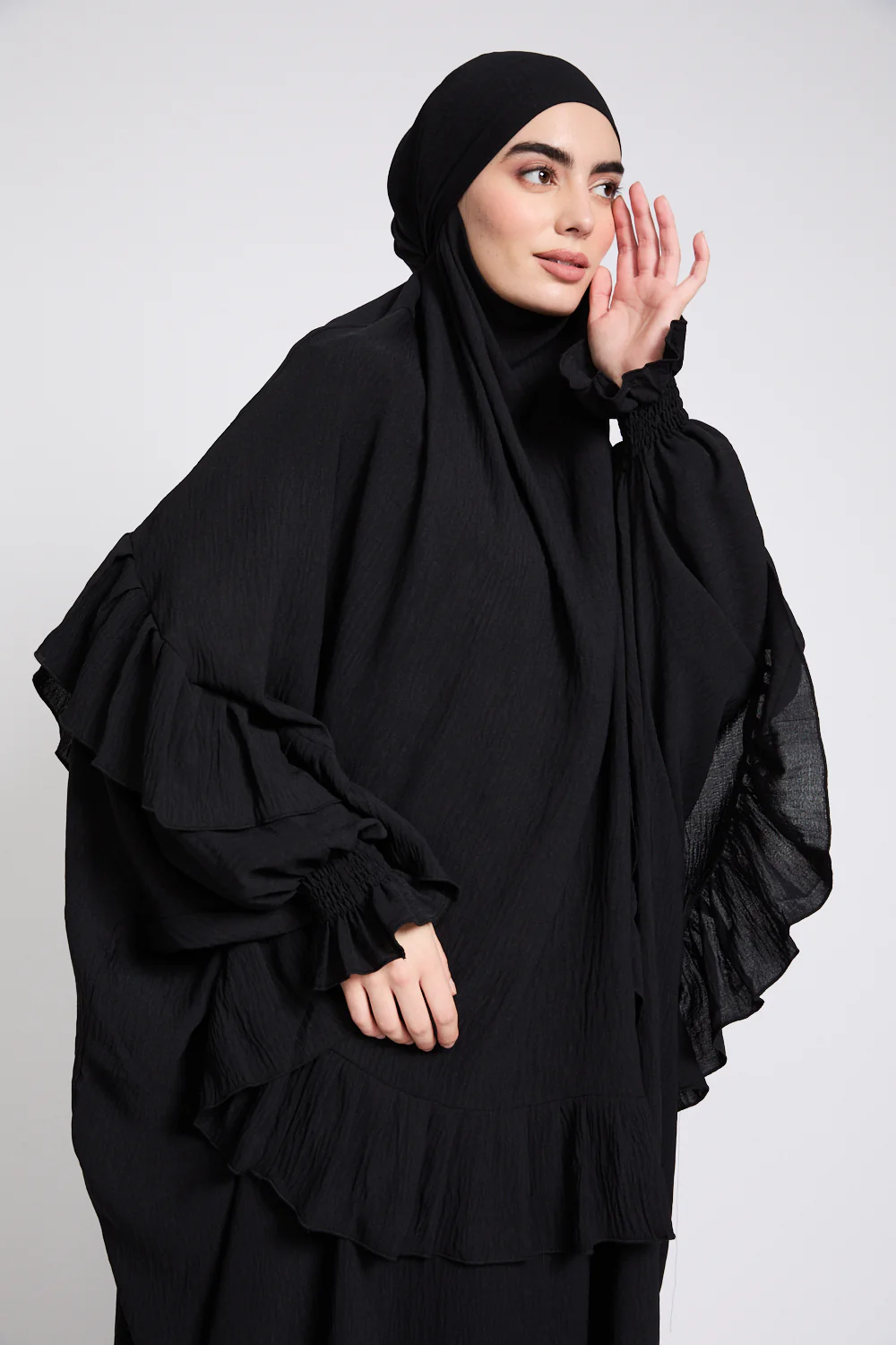 Abaya with Frill Detailed Khimar Set - Black - Image 2