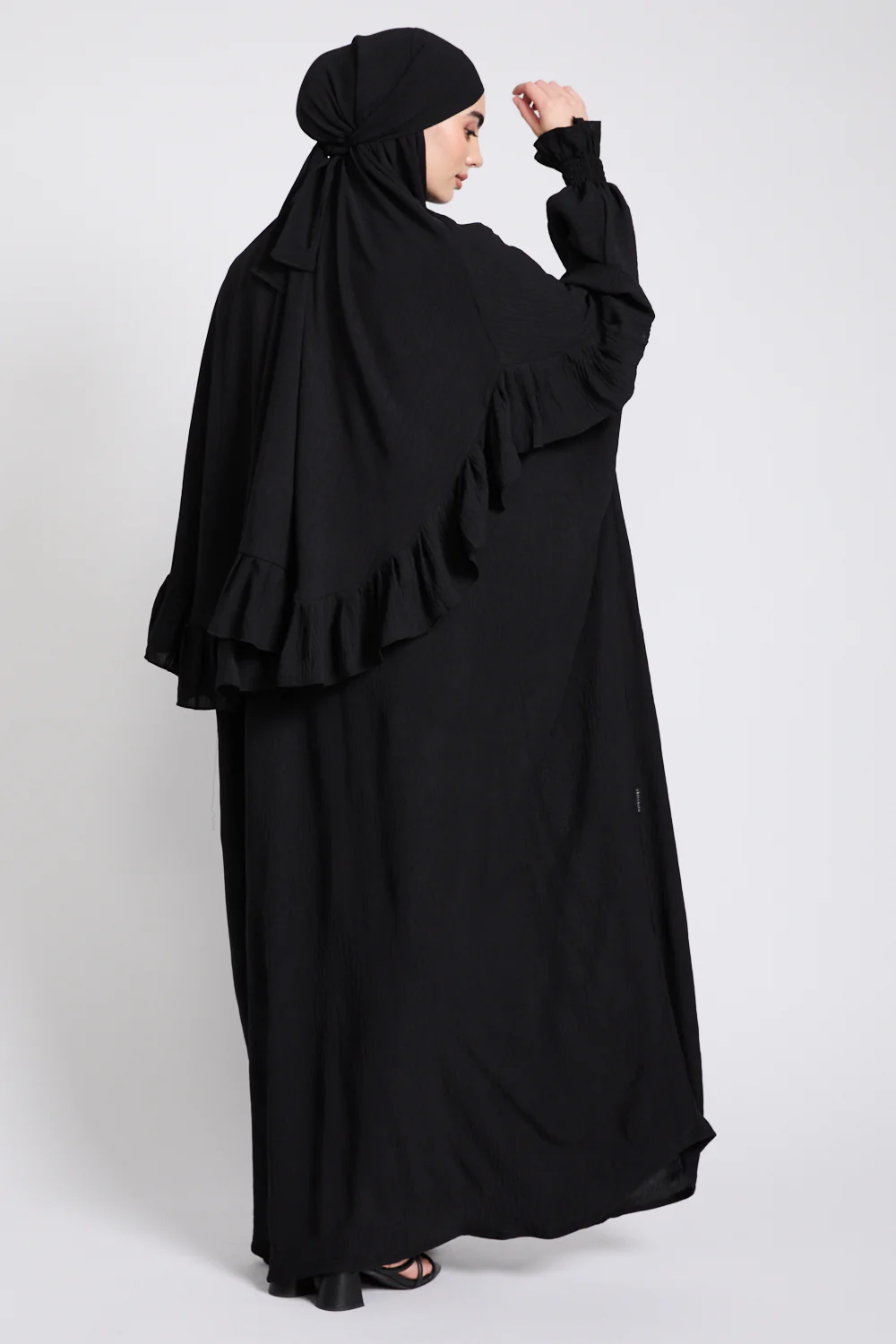 Abaya with Frill Detailed Khimar Set - Black - Image 3
