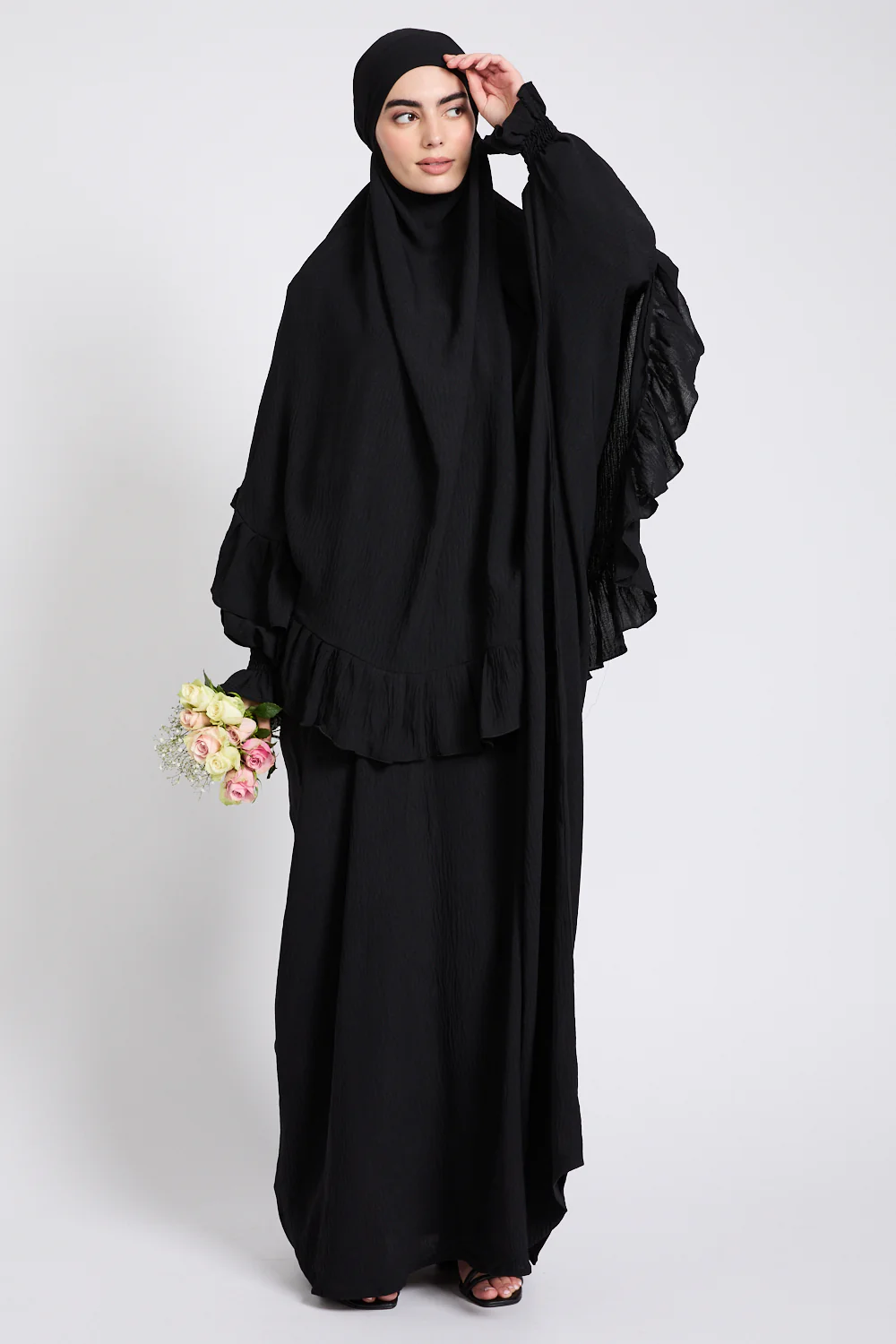 Abaya with Frill Detailed Khimar Set - Black - Image 4