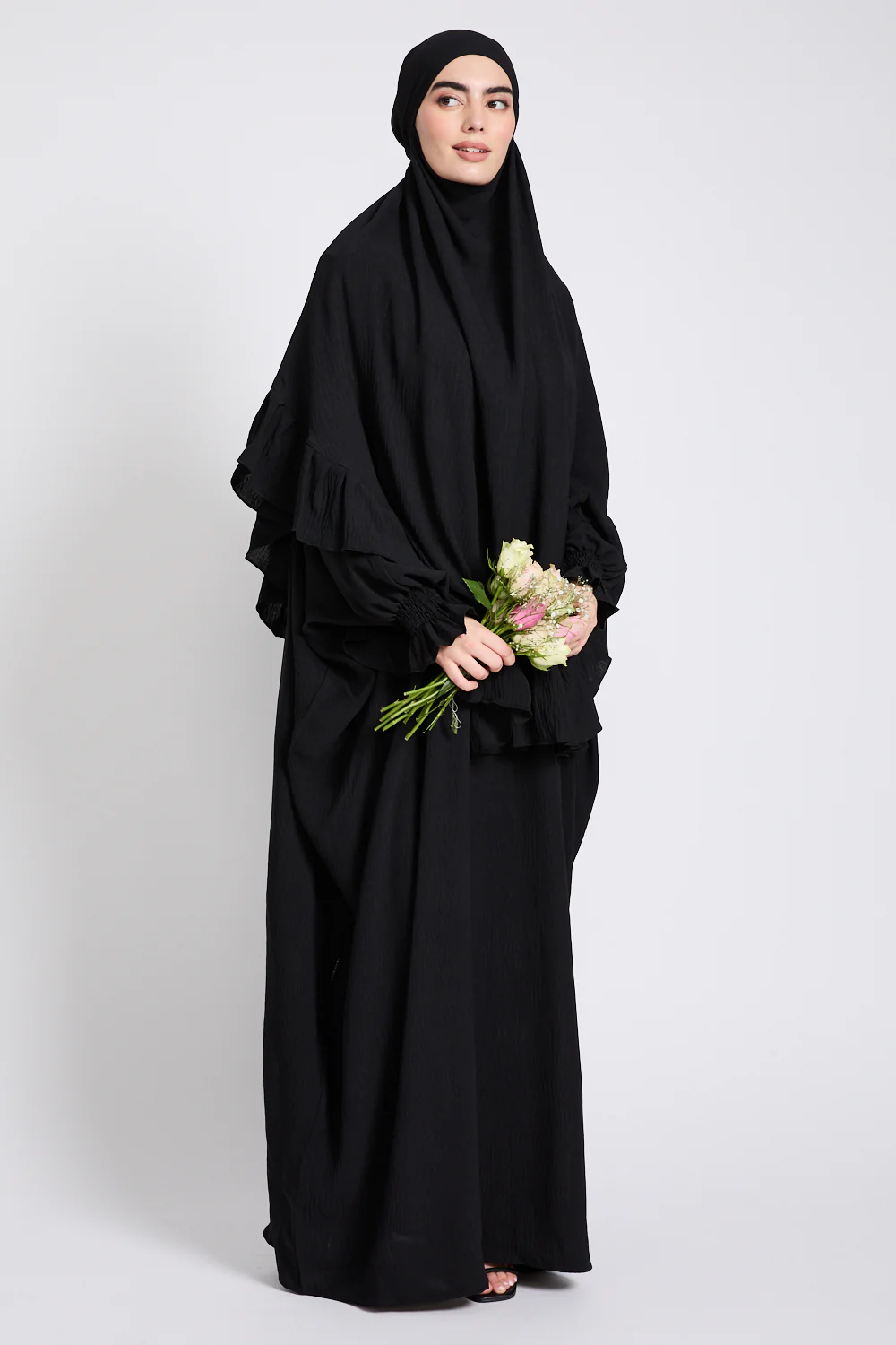 Abaya with Frill Detailed Khimar Set - Black - Image 5