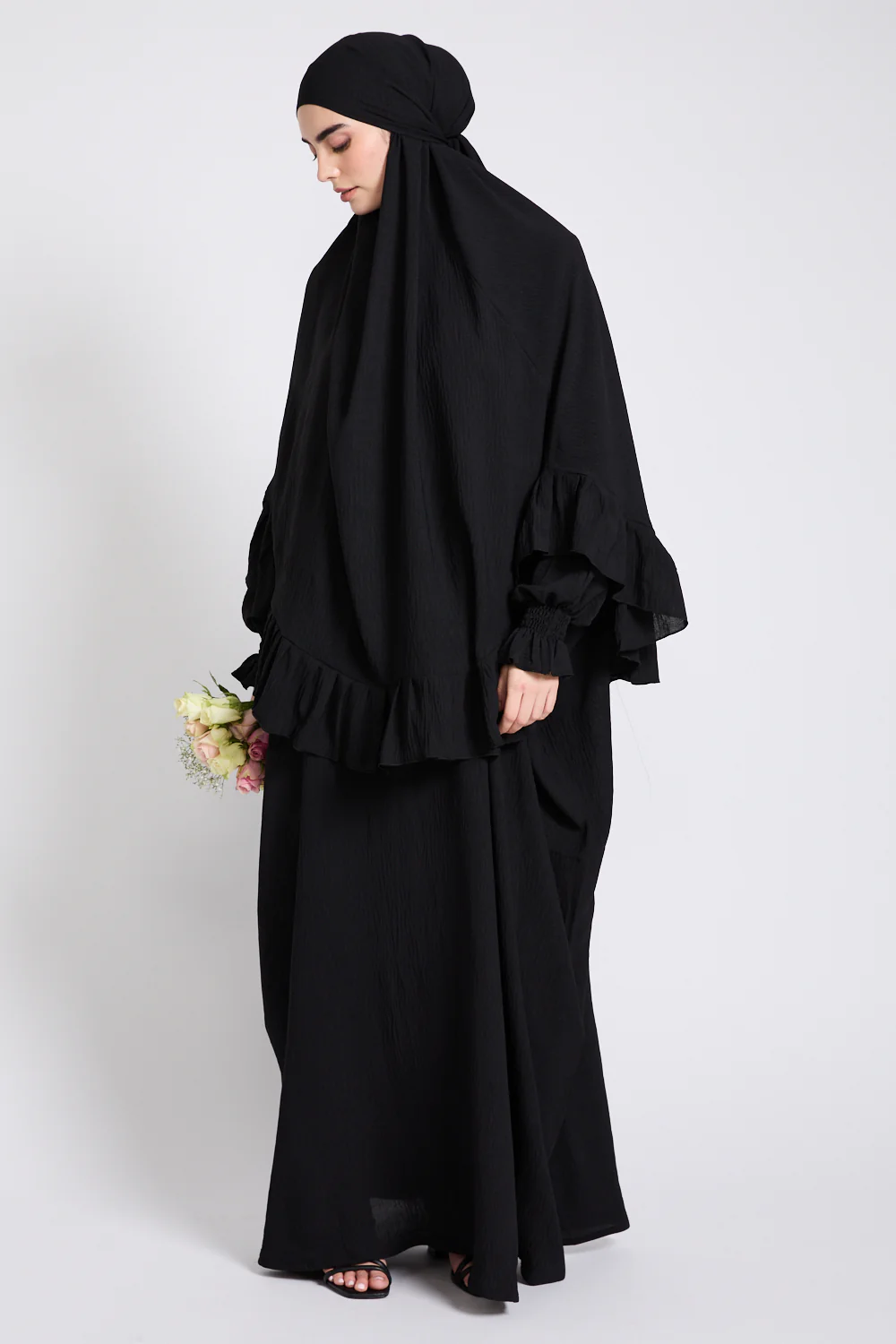 Abaya with Frill Detailed Khimar Set - Black - Image 6