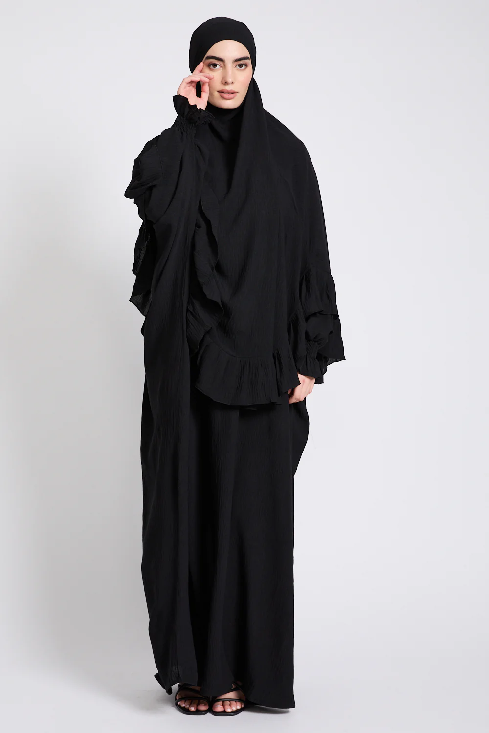 Abaya with Frill Detailed Khimar Set - Black - Image 7