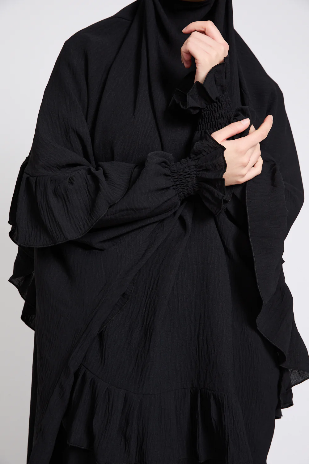 Abaya with Frill Detailed Khimar Set - Black - Image 8