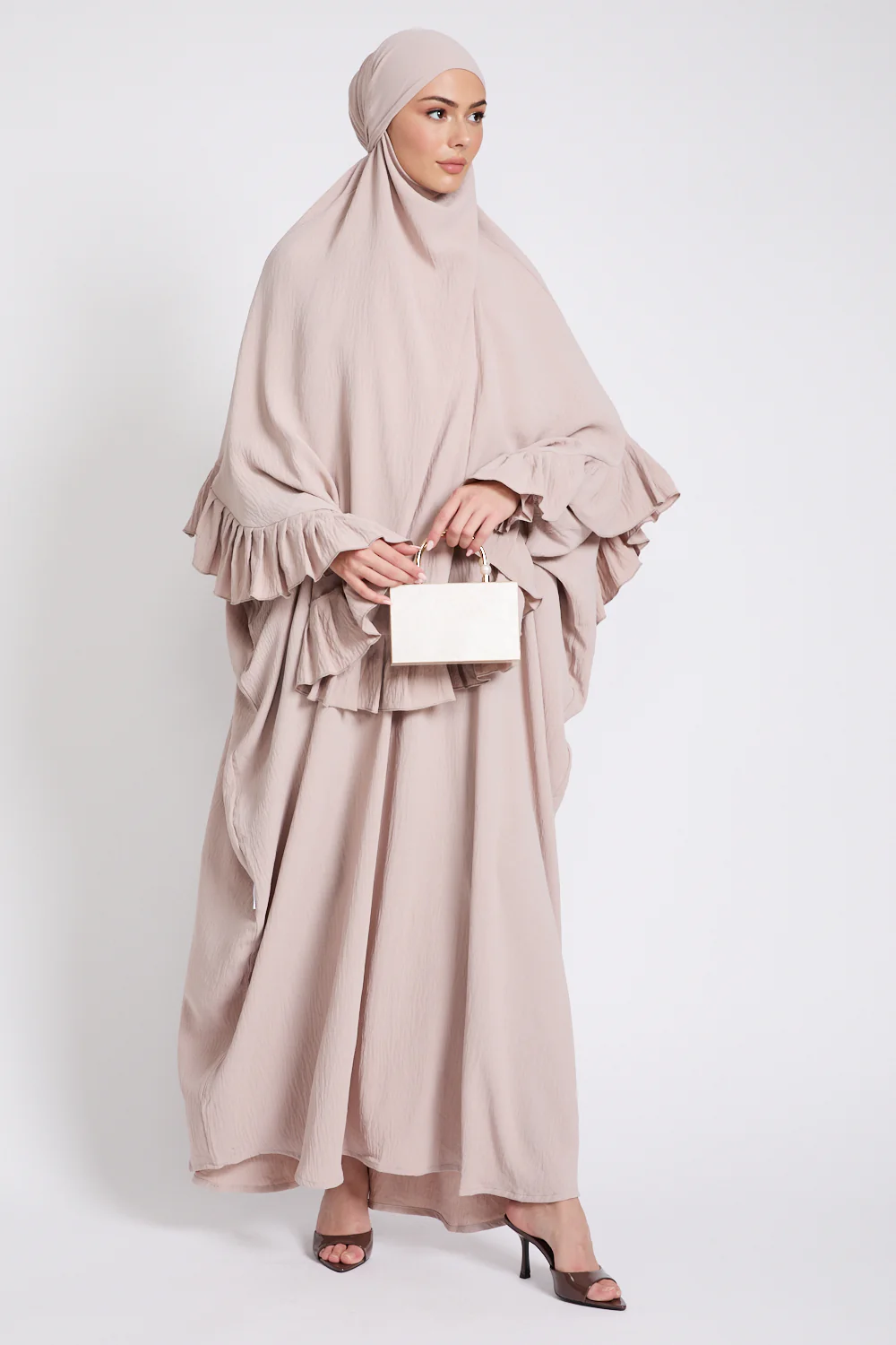 Abaya with Frill Detailed Khimar Set - Natural - Image 10