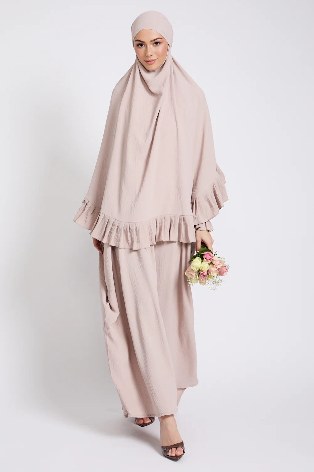 Abaya with Frill Detailed Khimar Set - Natural - Image 11