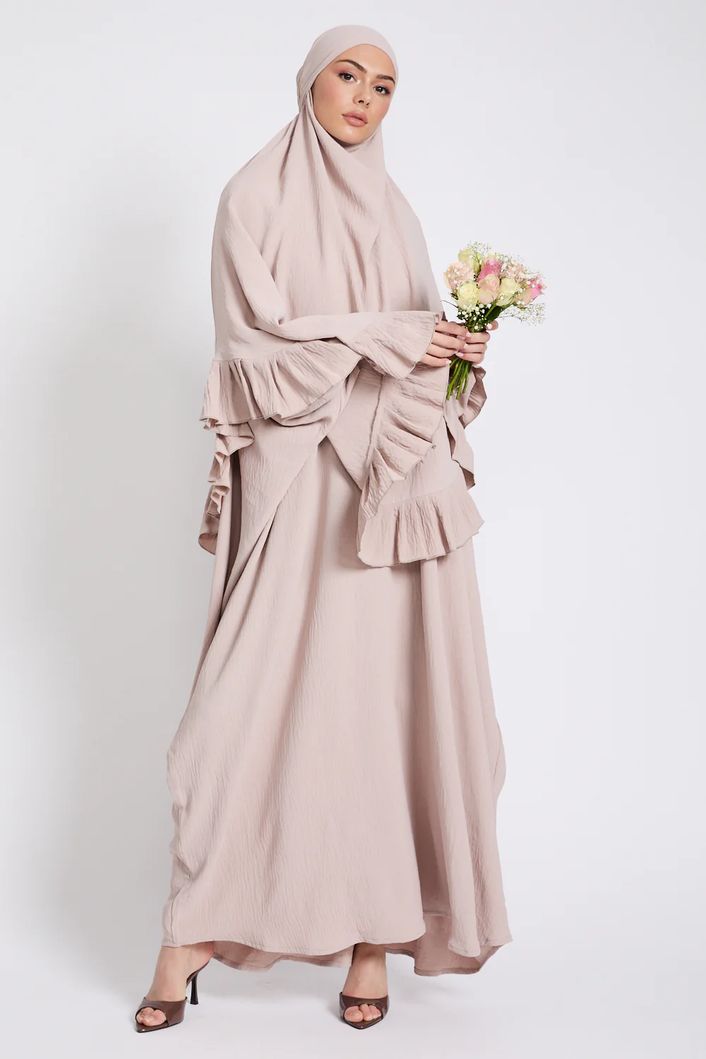 Abaya with Frill Detailed Khimar Set - Natural - Image 3