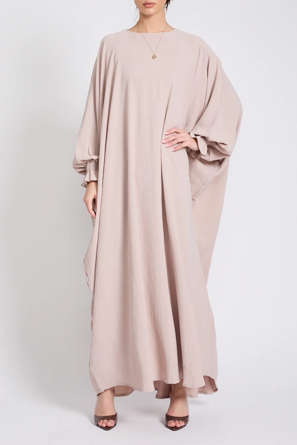Abaya with Frill Detailed Khimar Set - Natural - Image 4