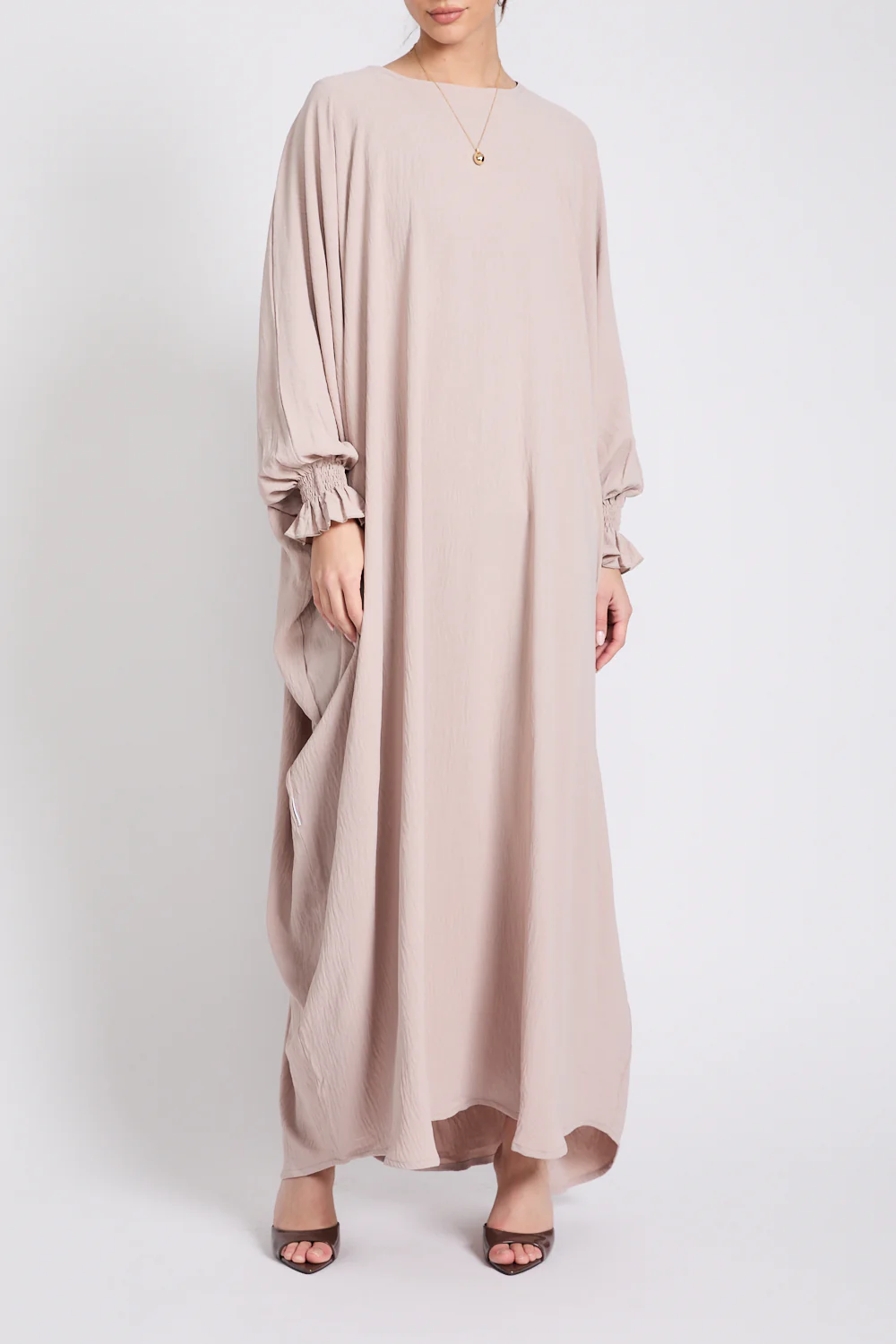 Abaya with Frill Detailed Khimar Set - Natural - Image 5