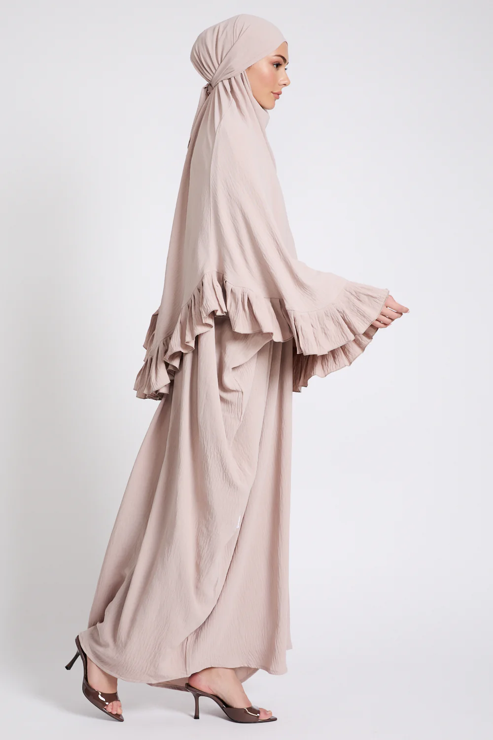 Abaya with Frill Detailed Khimar Set - Natural - Image 7