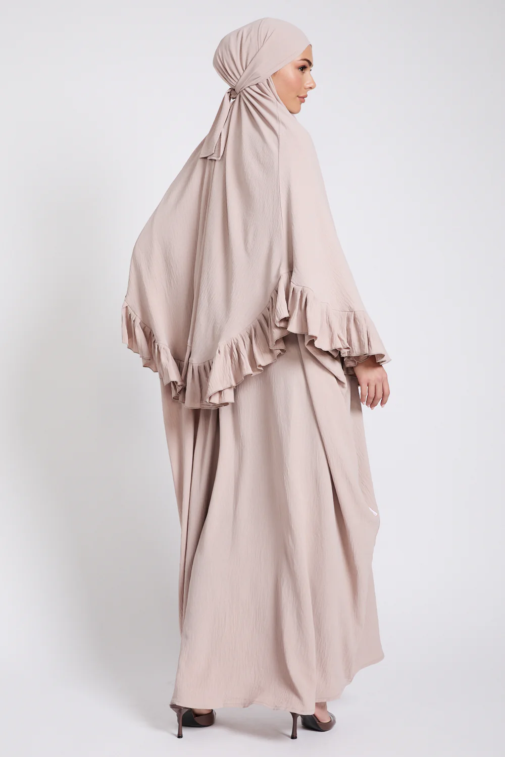 Abaya with Frill Detailed Khimar Set - Natural - Image 9