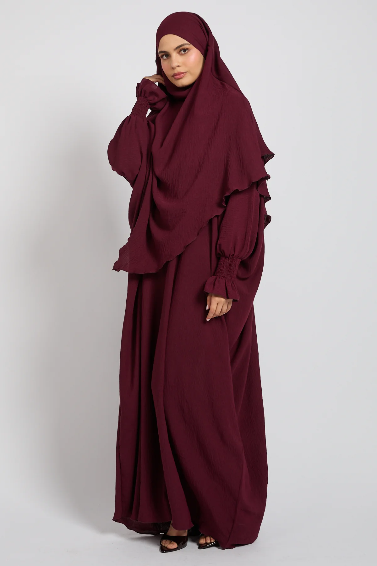 Abaya with Khimar Set - Deep Burgundy - Image 4