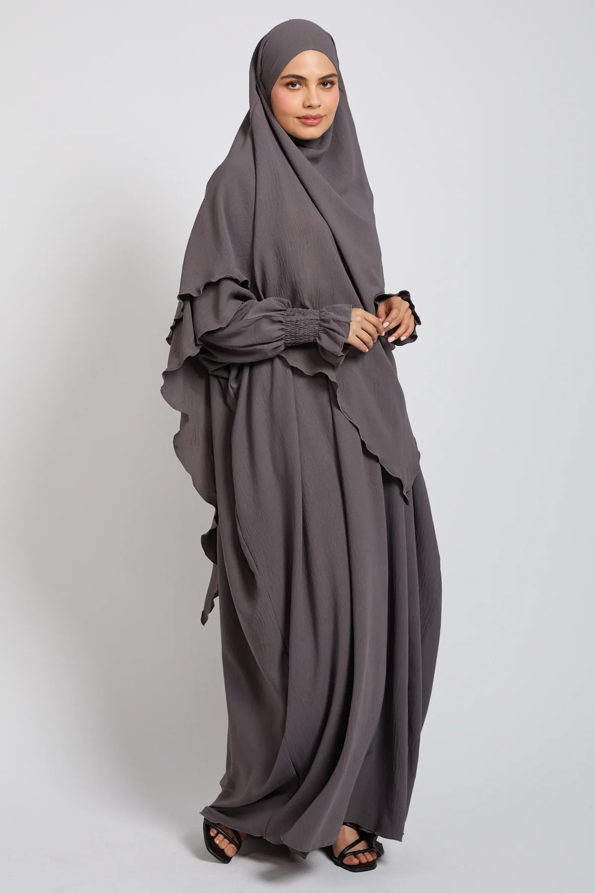 Abaya with Khimar Set - Taupe Grey - Image 7