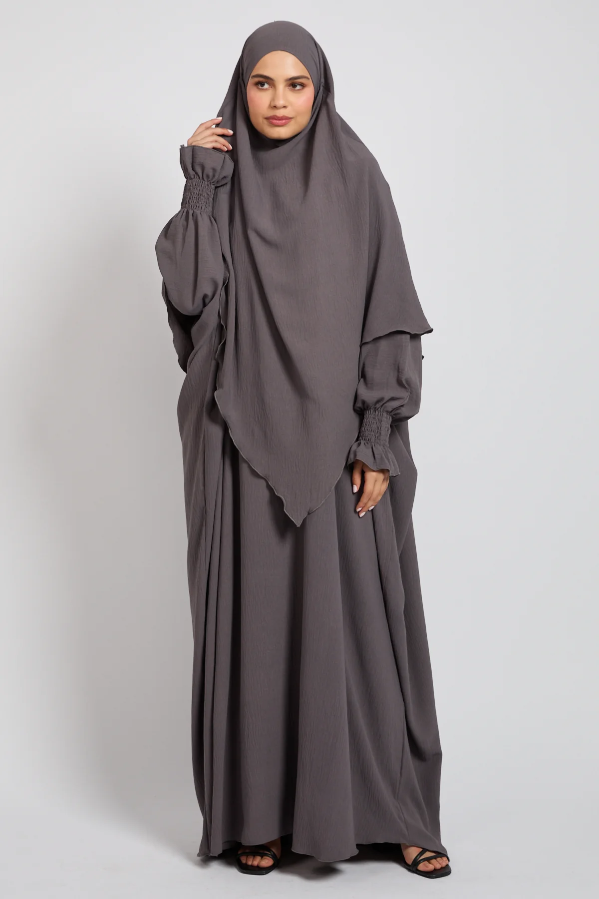 Abaya with Khimar Set - Taupe Grey - Image 8
