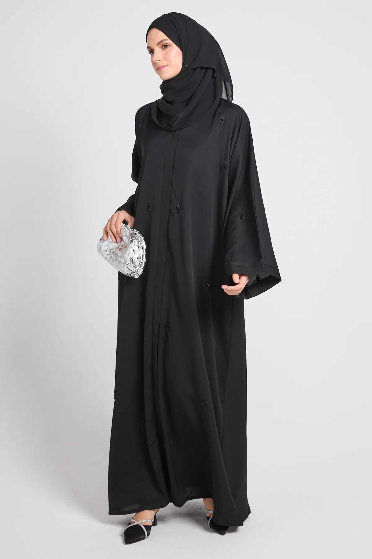 Black Botanique Embellished Open Abaya