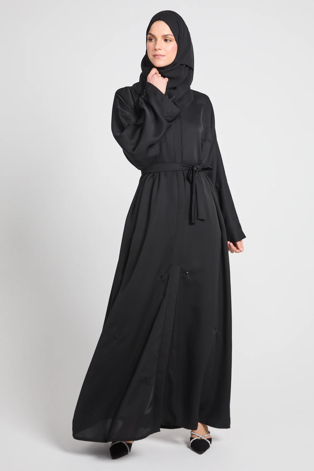 Black Botanique Embellished Open Abaya - Image 9