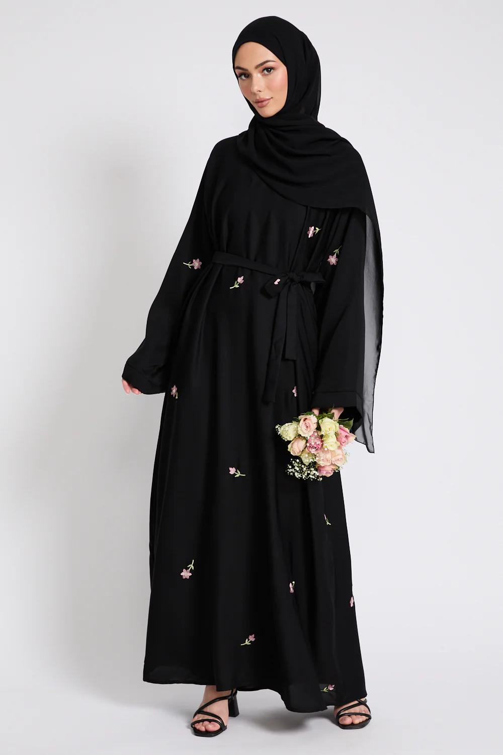 Black Closed Abaya with Dainty Floral Embroidery