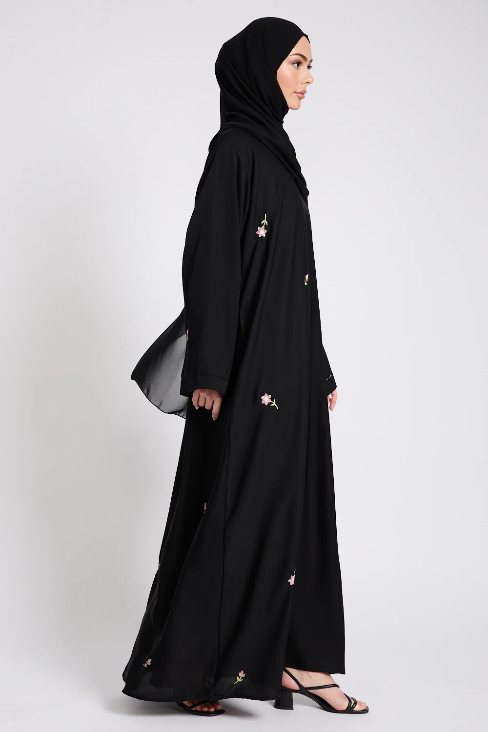 Black Closed Abaya with Dainty Floral Embroidery - Image 5