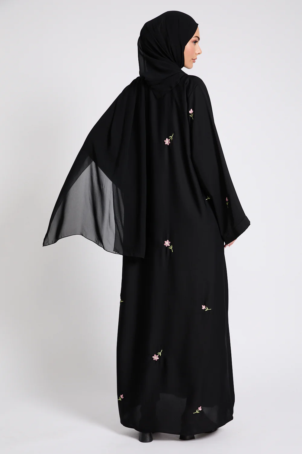 Black Closed Abaya with Dainty Floral Embroidery - Image 6