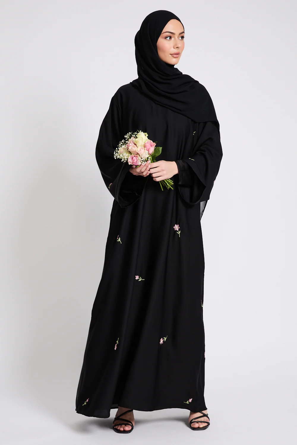 Black Closed Abaya with Dainty Floral Embroidery - Image 7