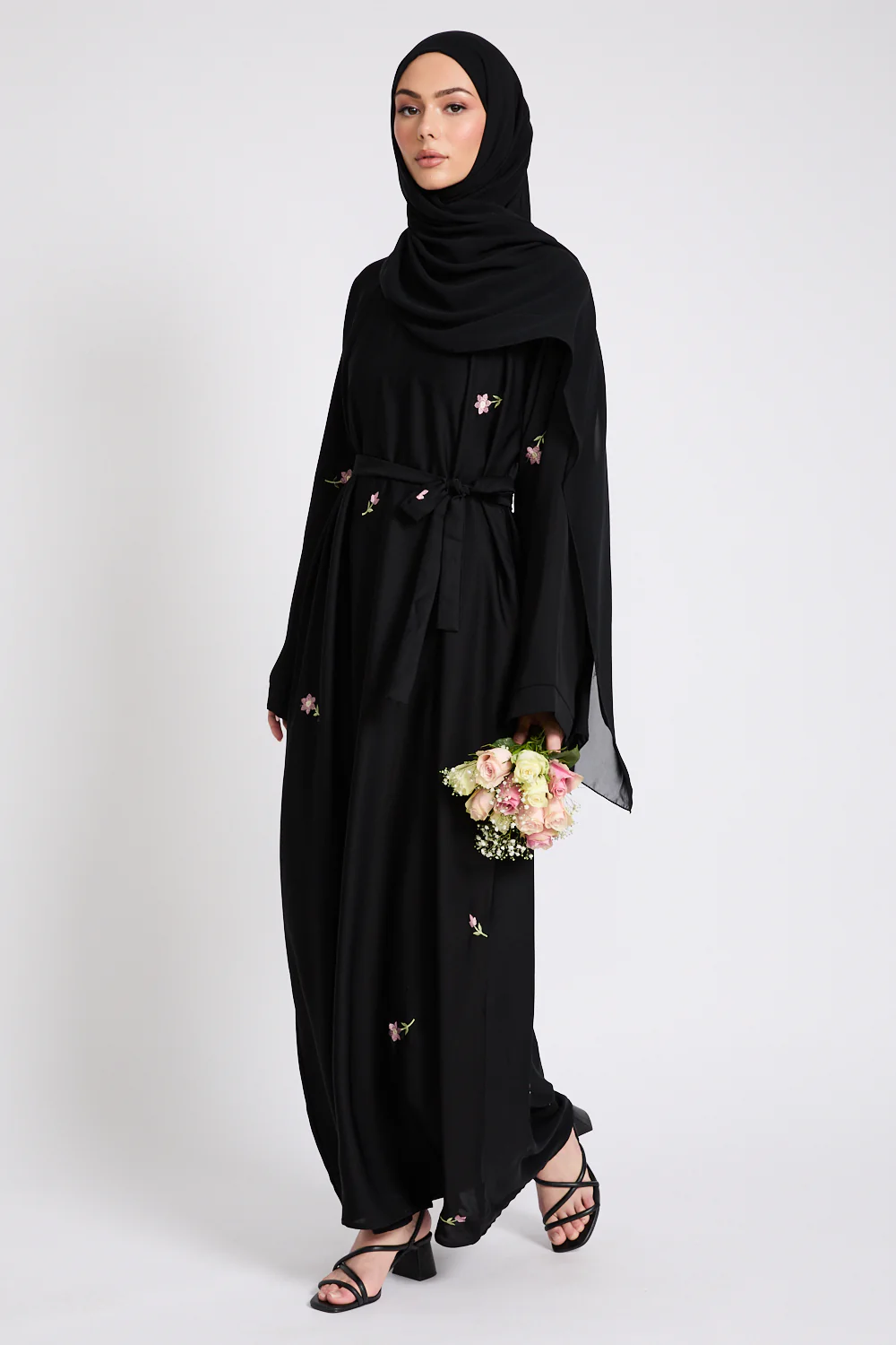Black Closed Abaya with Dainty Floral Embroidery - Image 8