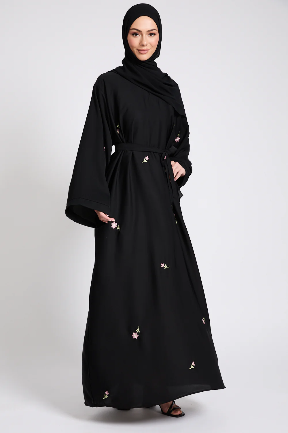 Black Closed Abaya with Dainty Floral Embroidery - Image 9