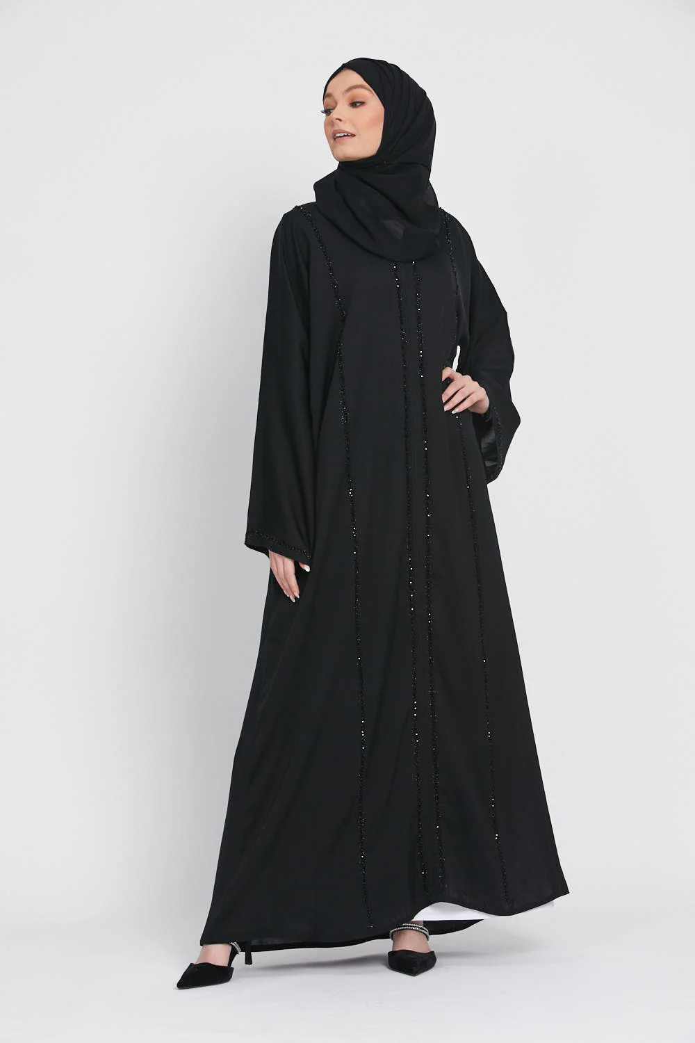 Black Closed Abaya with Embellished Piping - Image 2