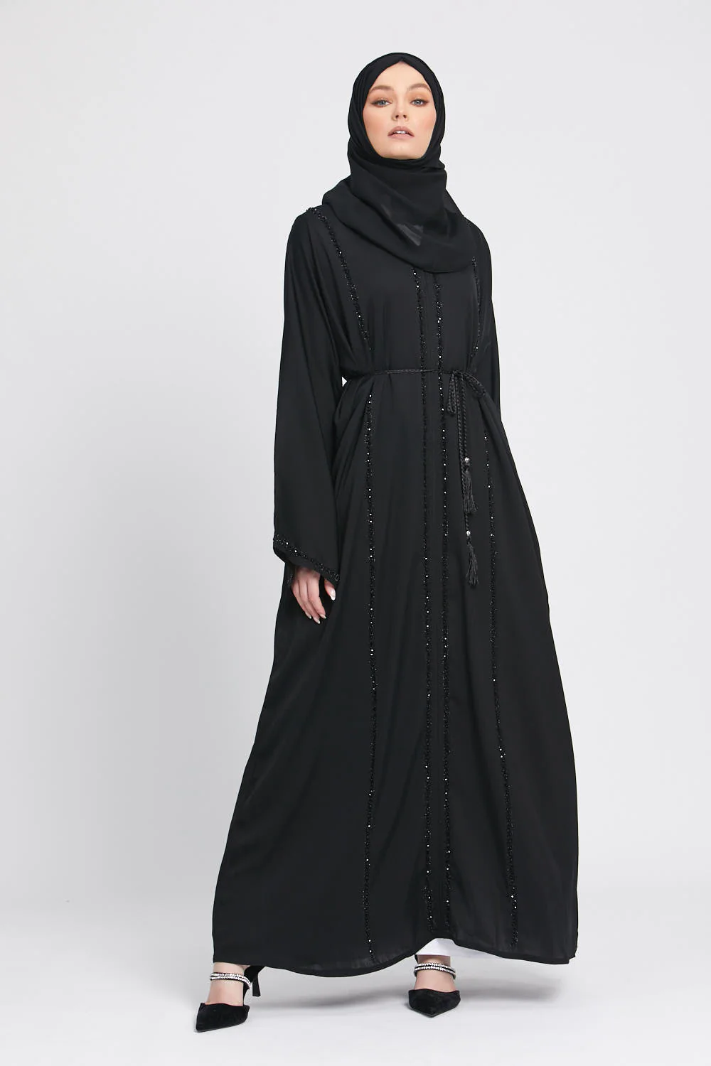 Black Closed Abaya with Embellished Piping - Image 3