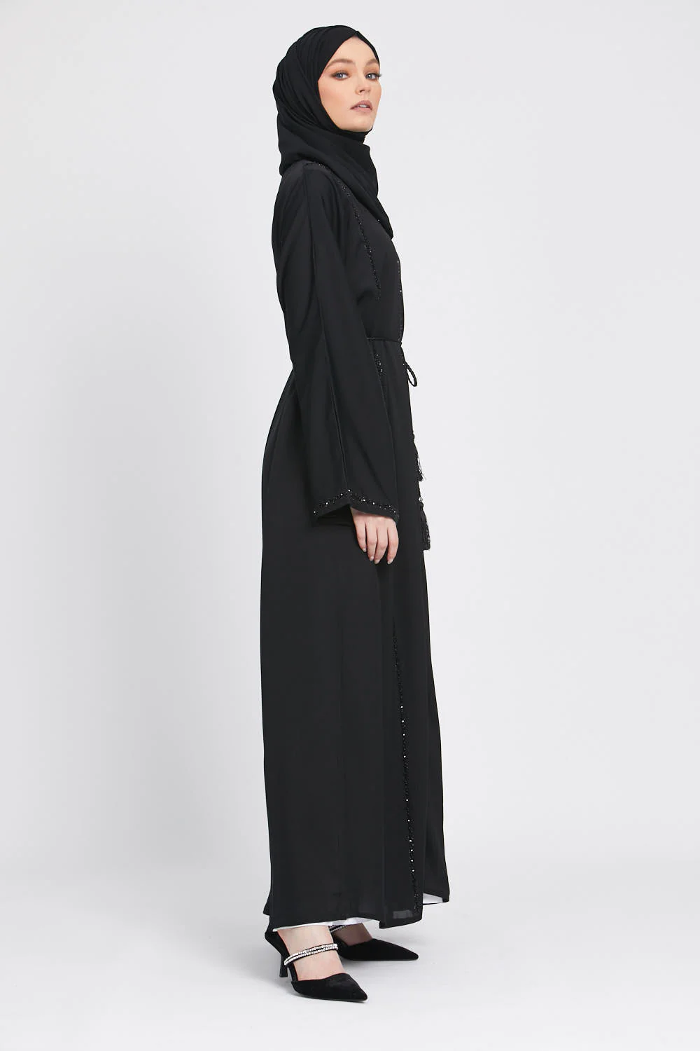 Black Closed Abaya with Embellished Piping - Image 4