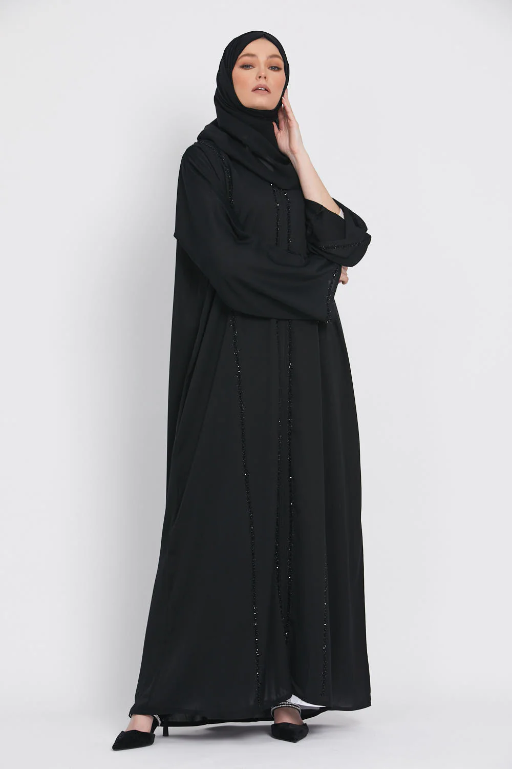 Black Closed Abaya with Embellished Piping - Image 5