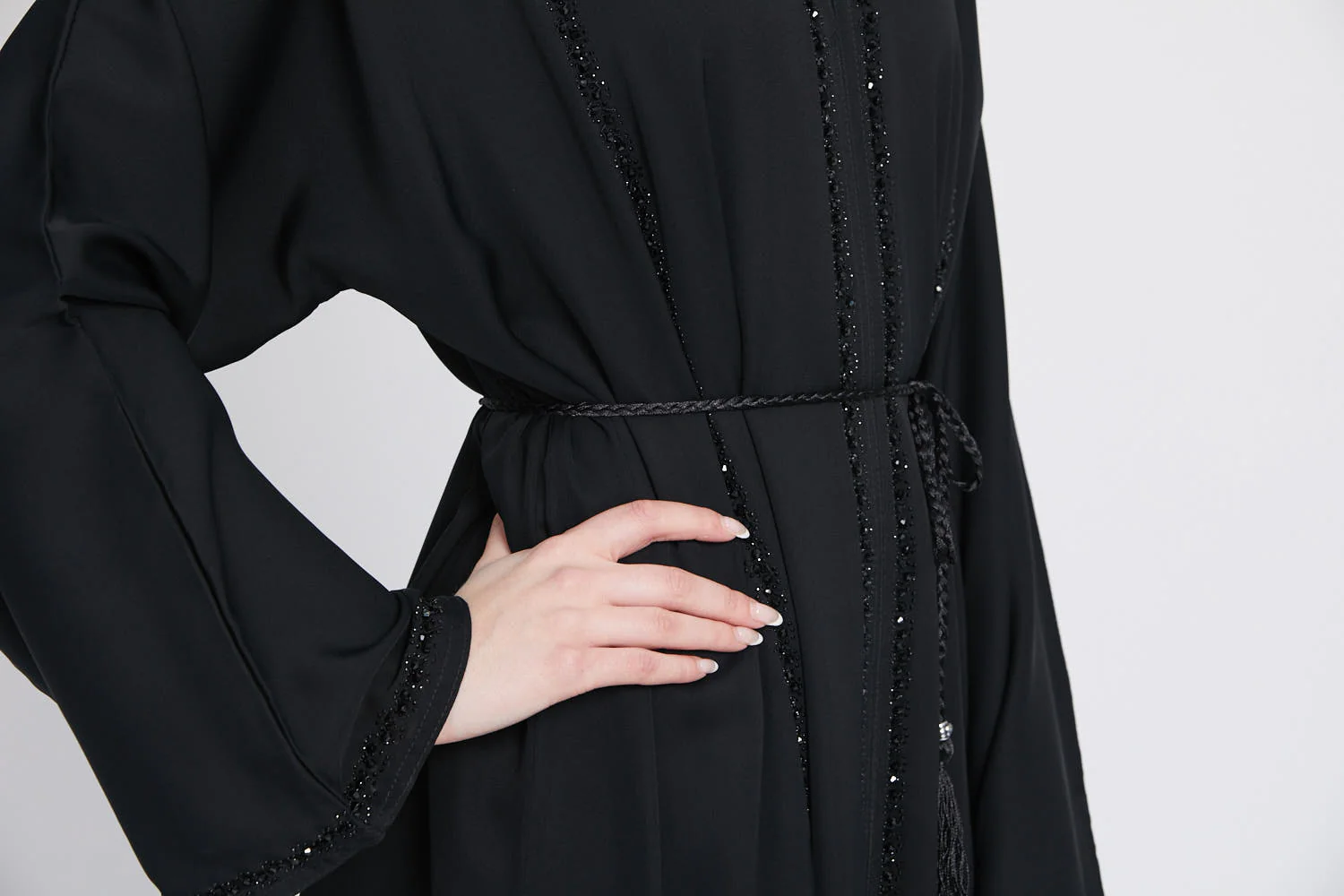 Black Closed Abaya with Embellished Piping - Image 6