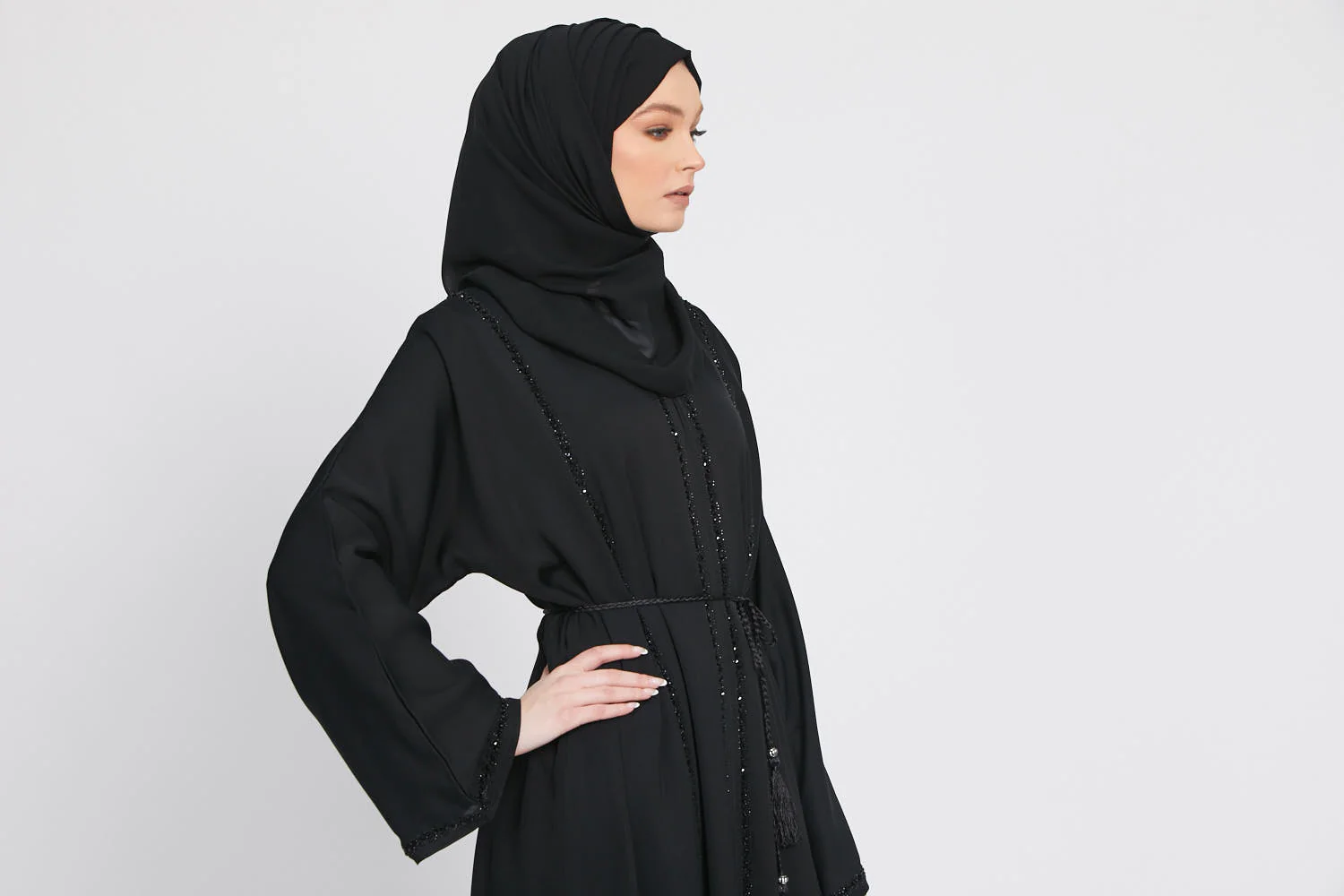 Black Closed Abaya with Embellished Piping - Image 8