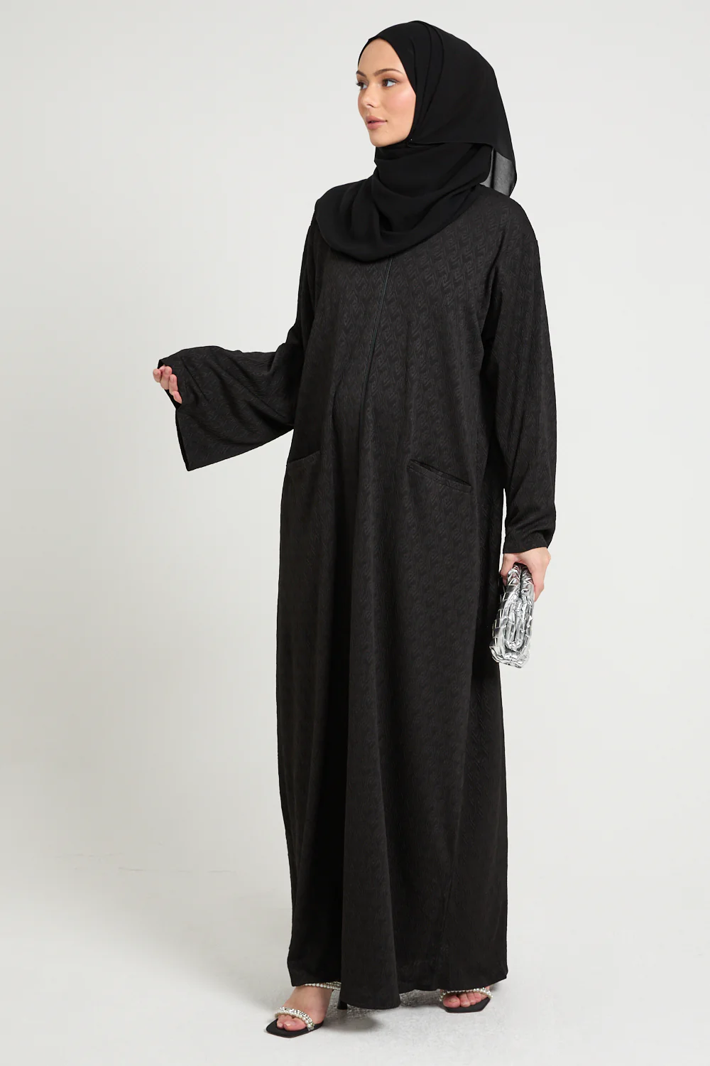 Black Textured Semi-Closed Abaya with Zip and Pockets- LIMITED EDITION - Image 7