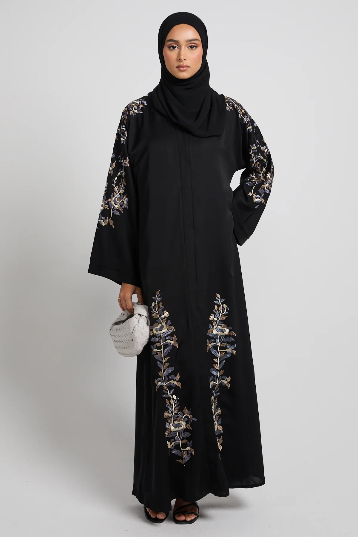 Black Twilight Garden Embroidered Open Abaya
