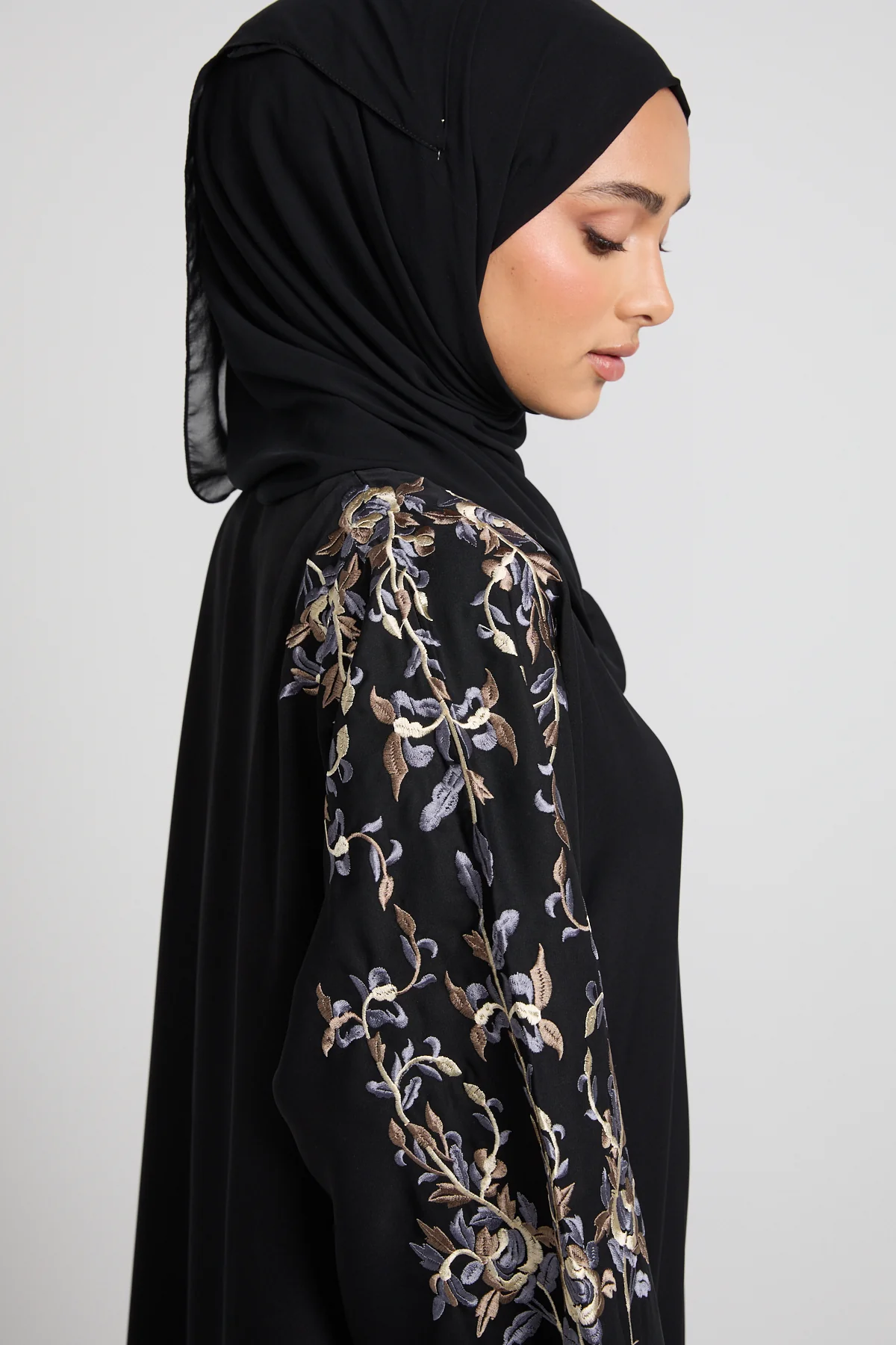 Black Twilight Garden Embroidered Open Abaya - Image 2
