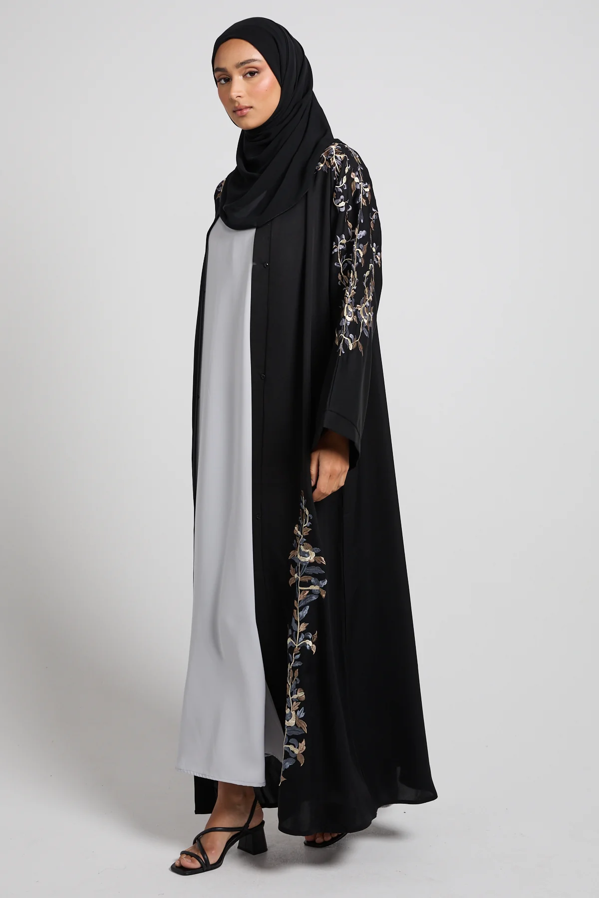 Black Twilight Garden Embroidered Open Abaya - Image 3