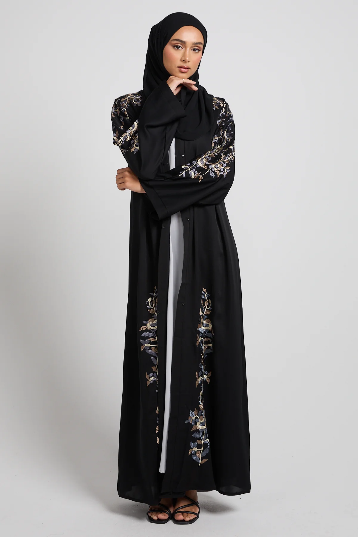 Black Twilight Garden Embroidered Open Abaya - Image 4