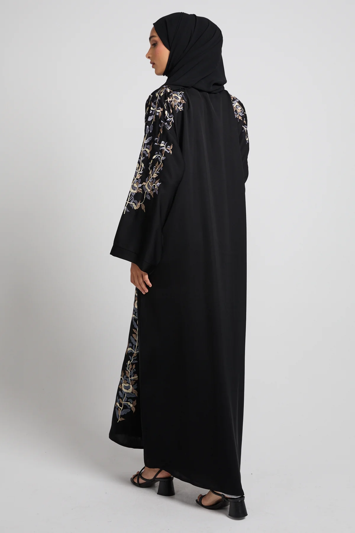 Black Twilight Garden Embroidered Open Abaya - Image 5