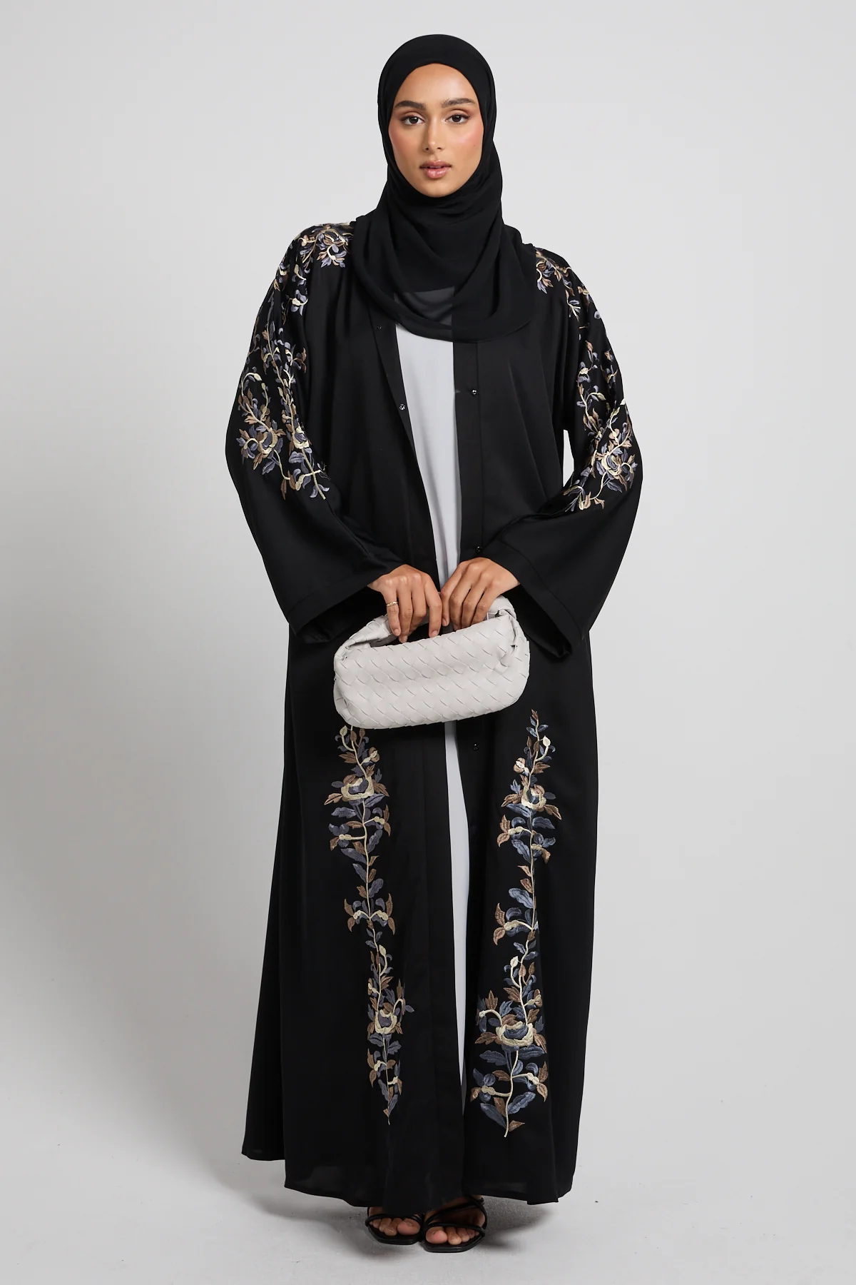 Black Twilight Garden Embroidered Open Abaya - Image 6