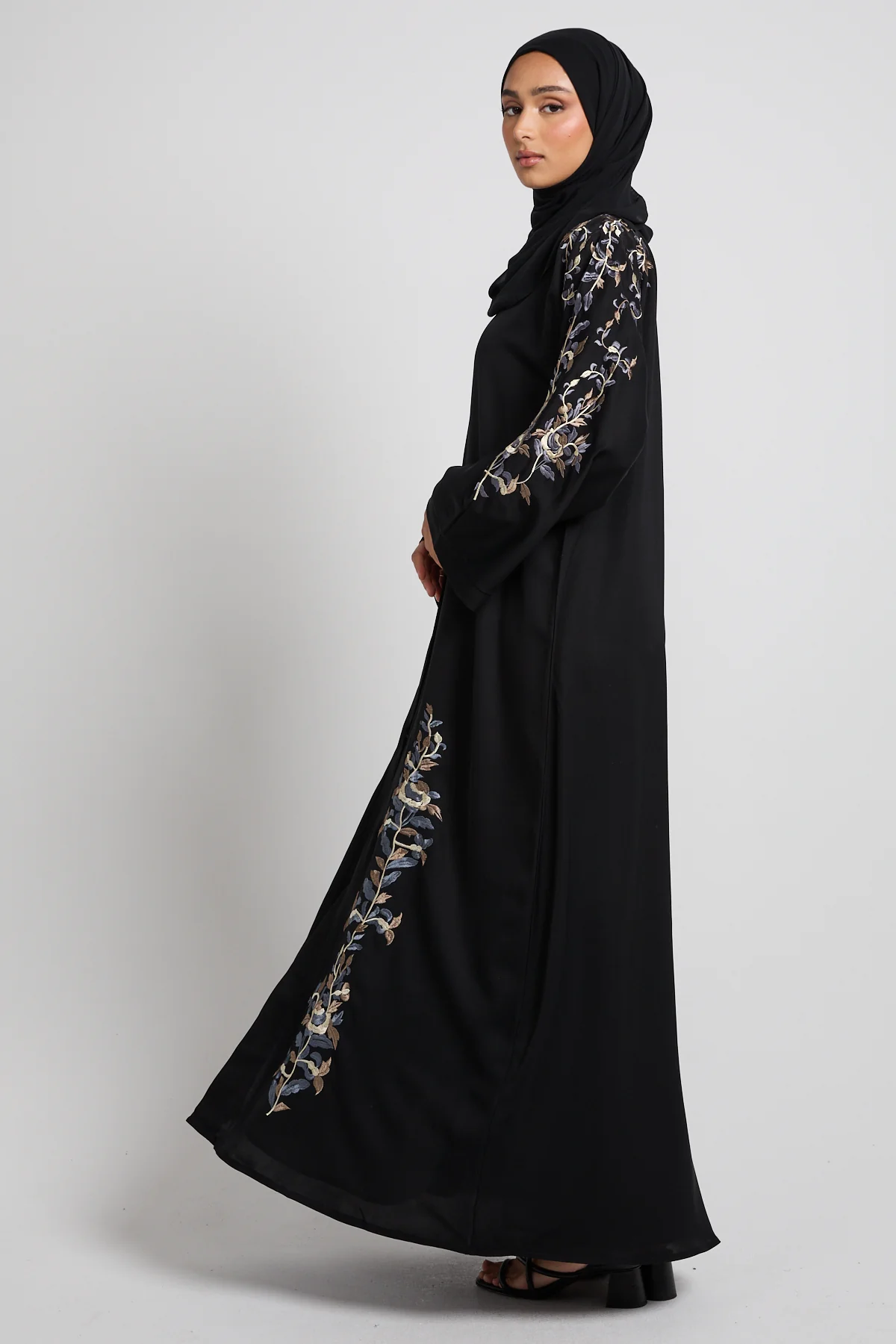 Black Twilight Garden Embroidered Open Abaya - Image 7