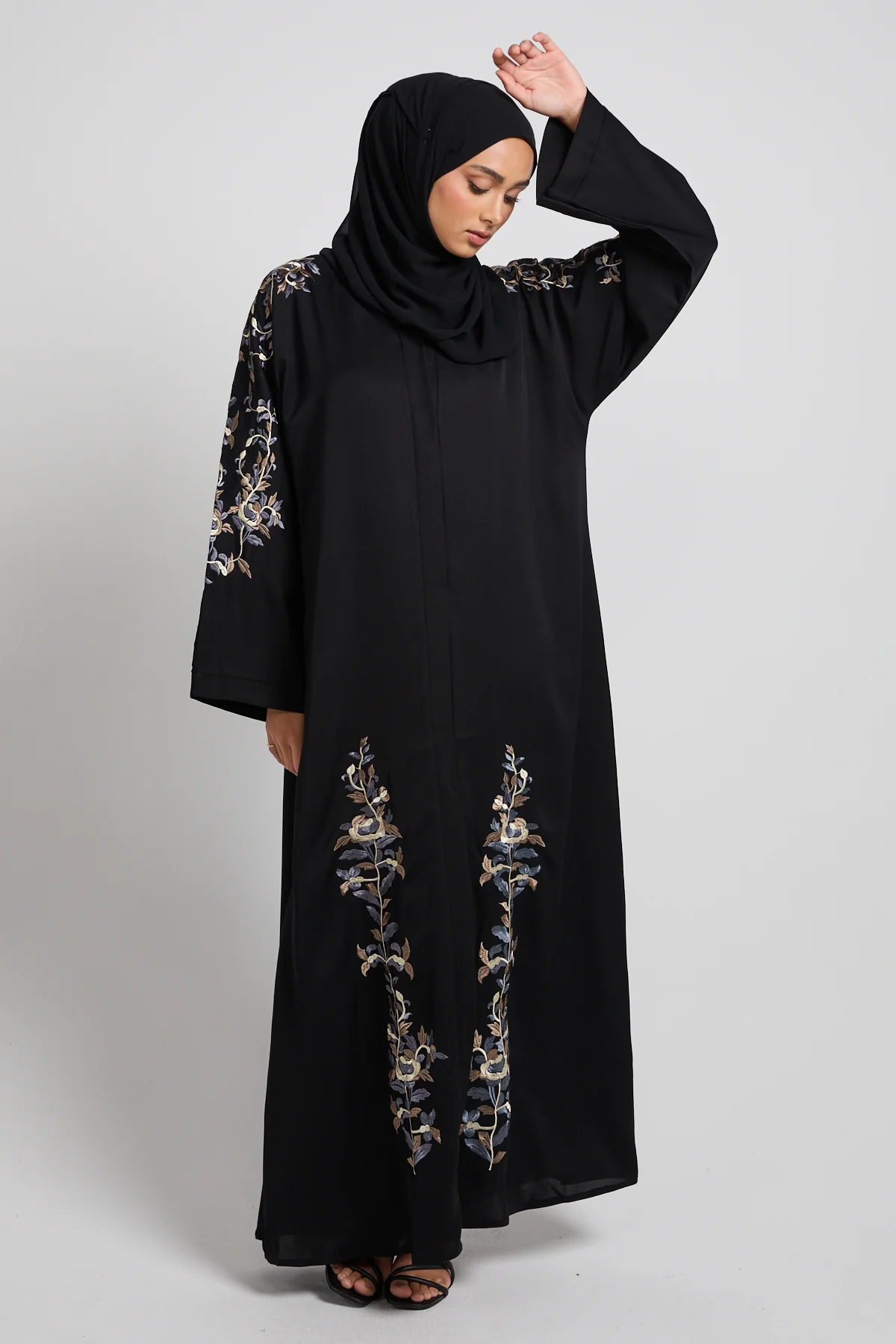 Black Twilight Garden Embroidered Open Abaya - Image 8