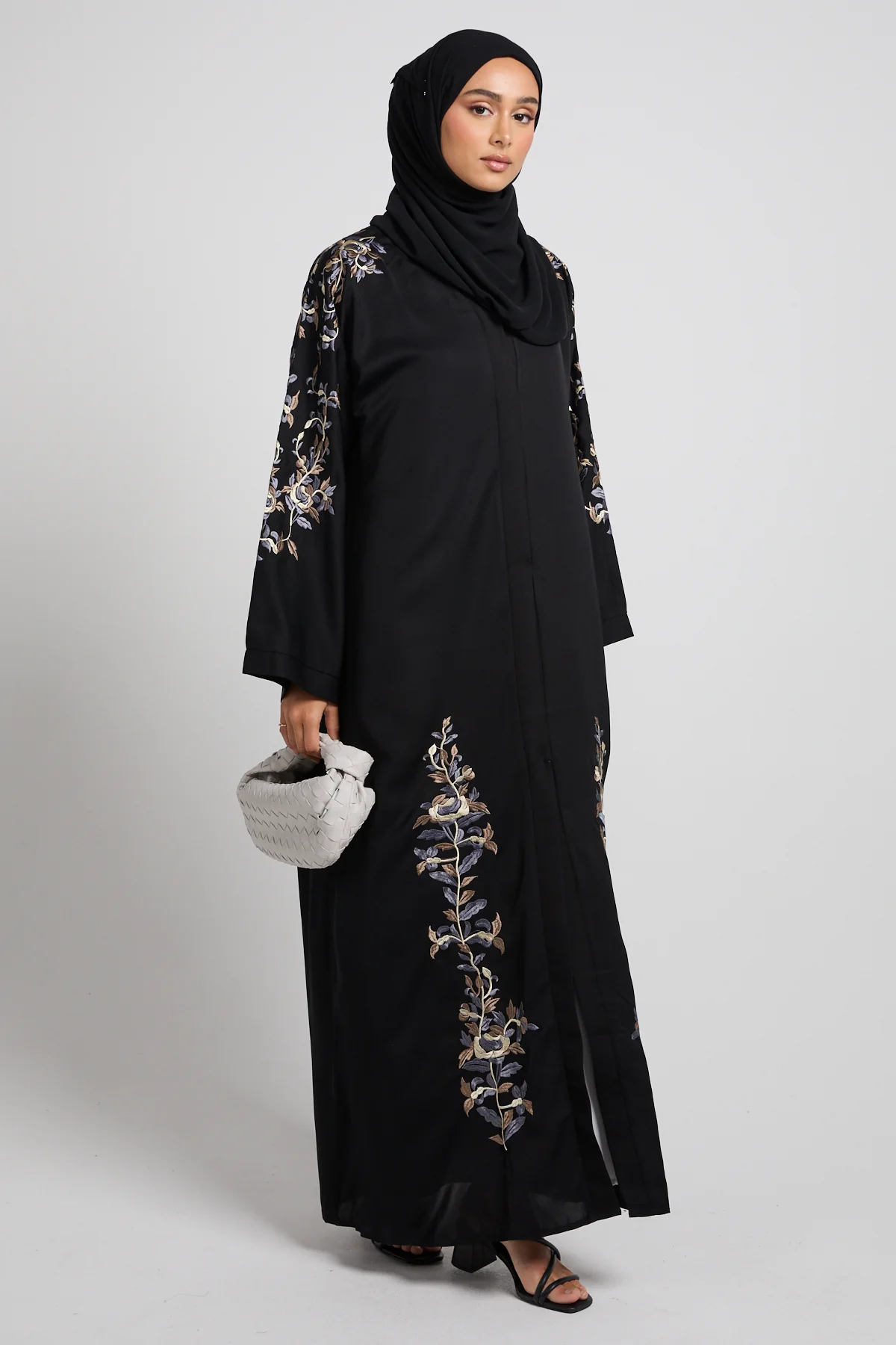 Black Twilight Garden Embroidered Open Abaya - Image 9