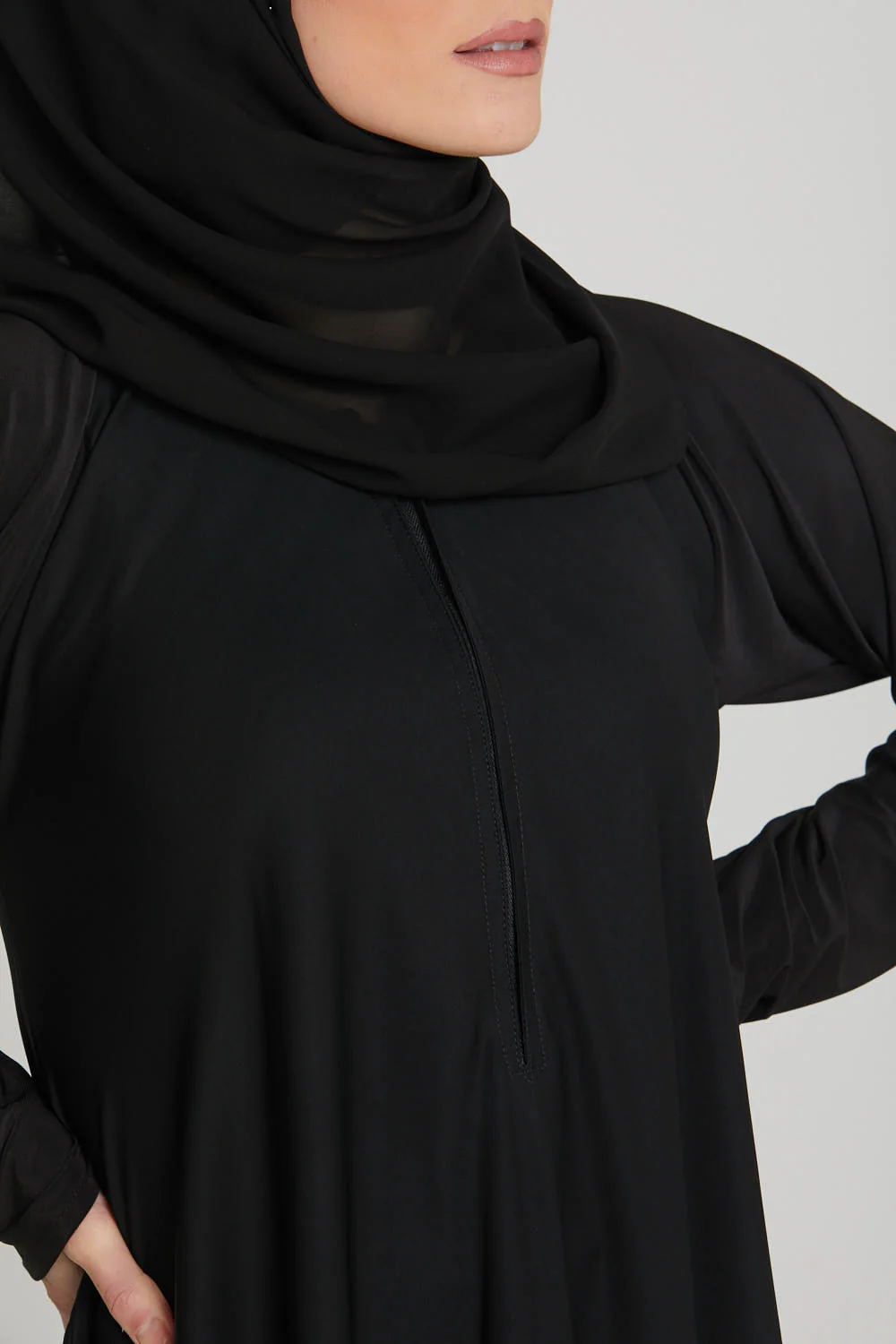 Black Umbrella Cut Abaya with Front Zip - Slim Fit - Image 7