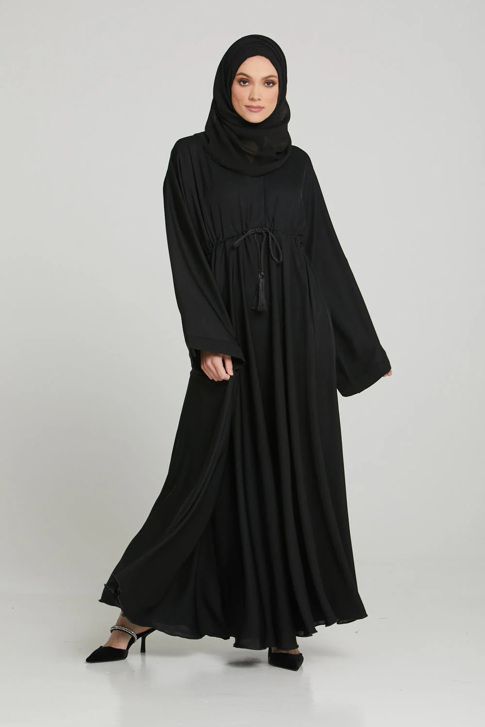 Black Umbrella Cut Abaya with Inner Belt - Image 4