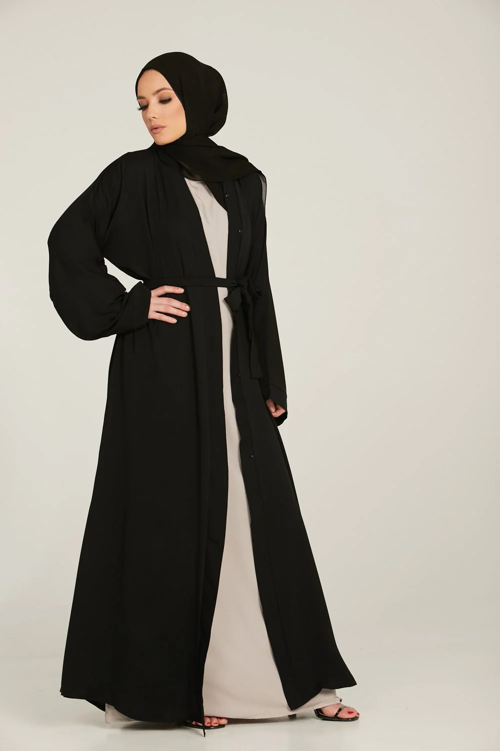 Classic Black Open Abaya - Slim Sleeve - Image 2