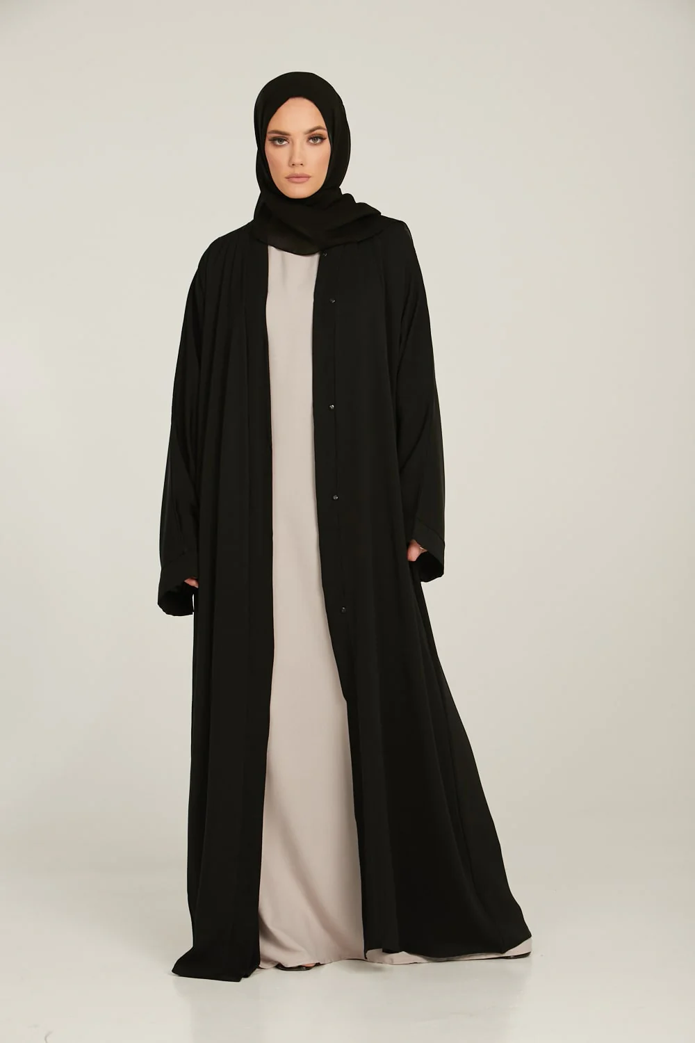 Classic Black Open Abaya - Slim Sleeve - Image 3