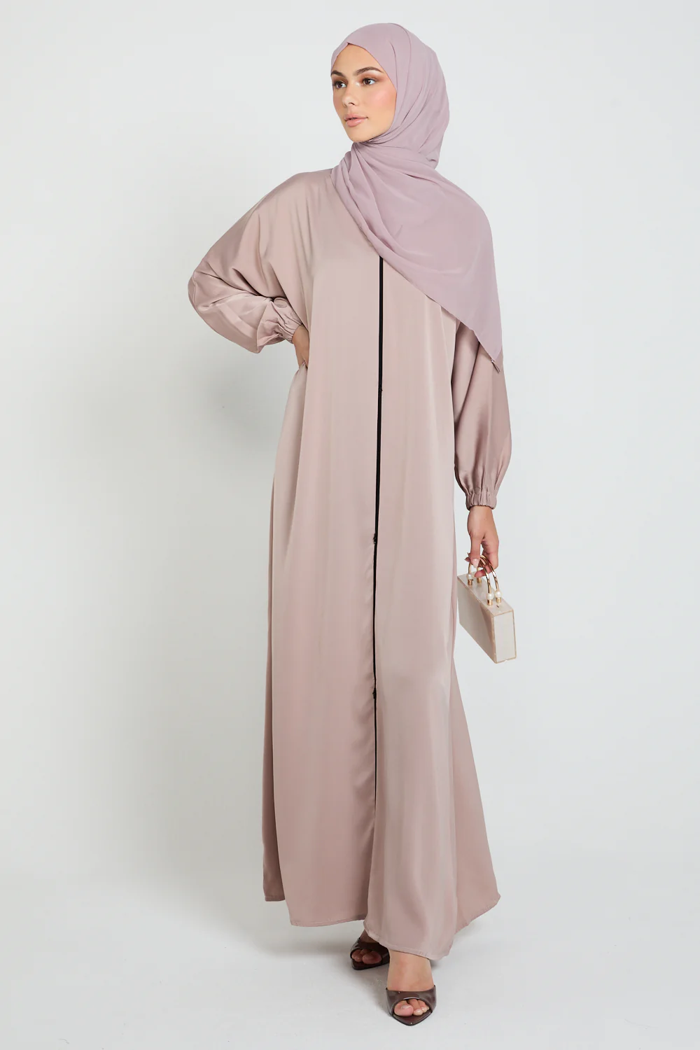 Classic Closed Abaya with Dainty Detailing - Desert Peony - Image 7