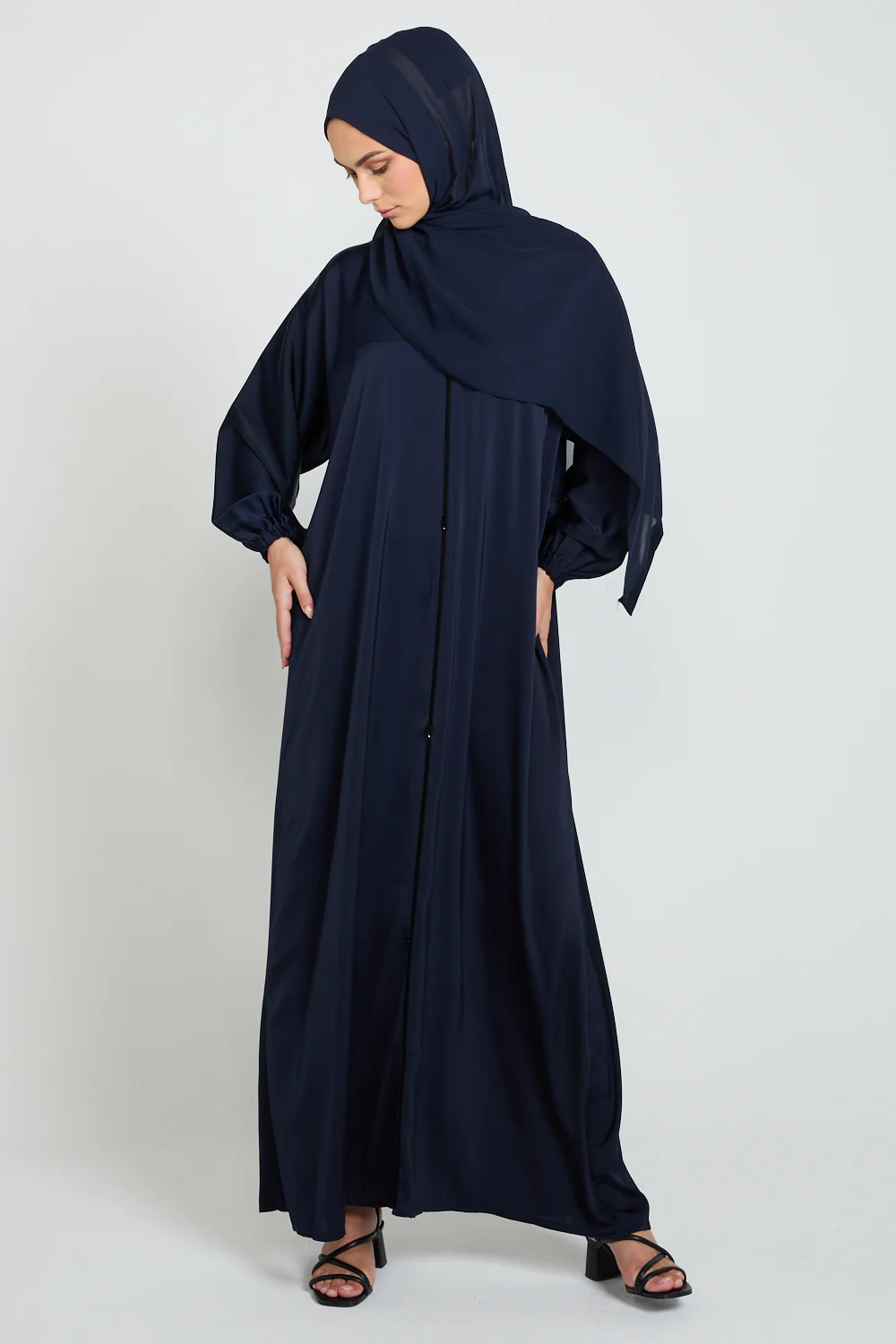 Classic Closed Abaya with Dainty Detailing - Navy - Image 5