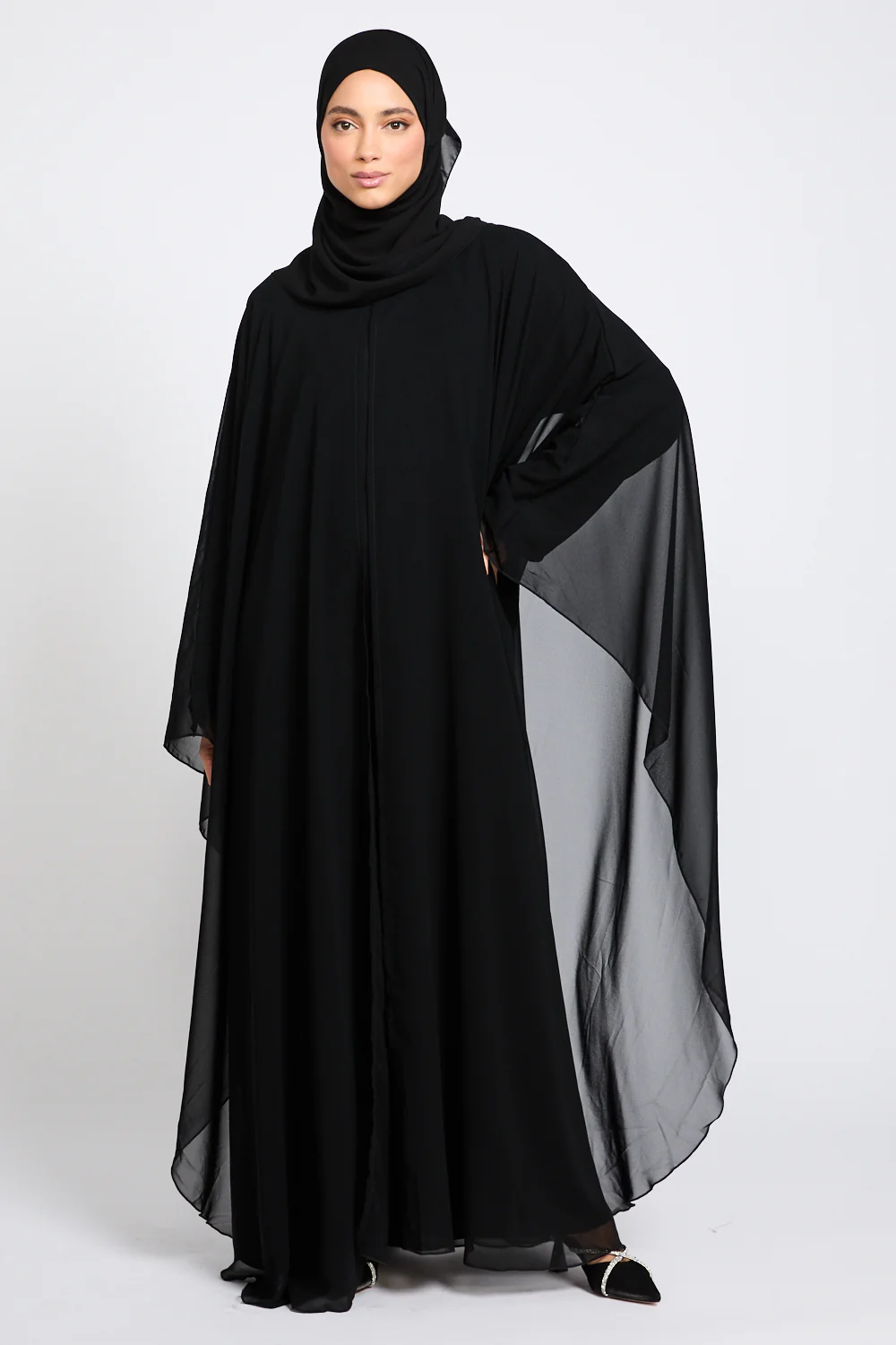 Closed Abaya with Butterfly Cut Chiffon Overlay - Black