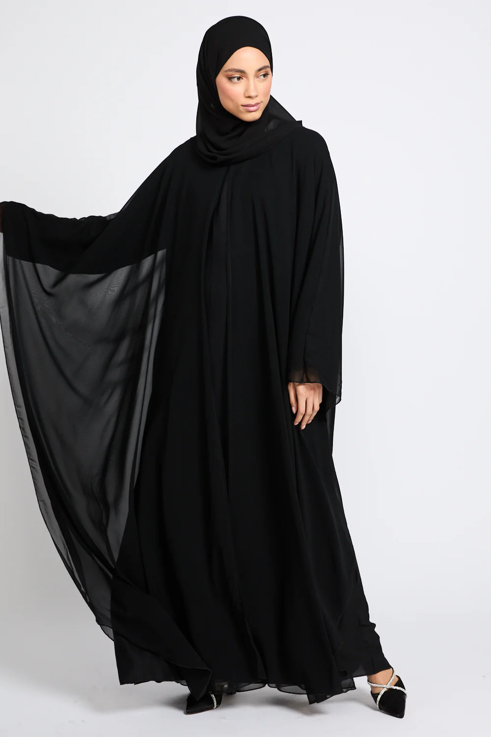 Closed Abaya with Butterfly Cut Chiffon Overlay - Black - Image 3