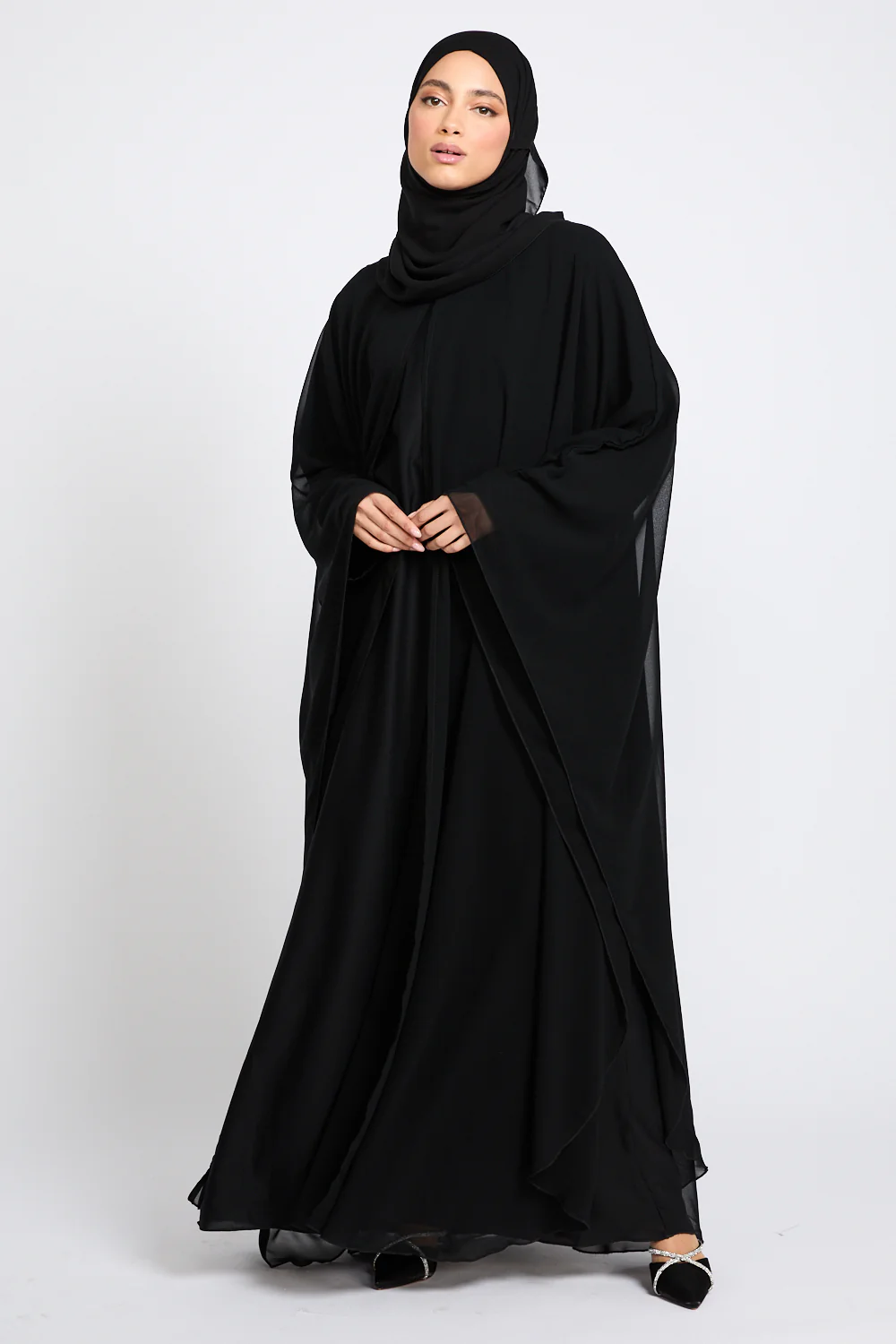 Closed Abaya with Butterfly Cut Chiffon Overlay - Black - Image 4